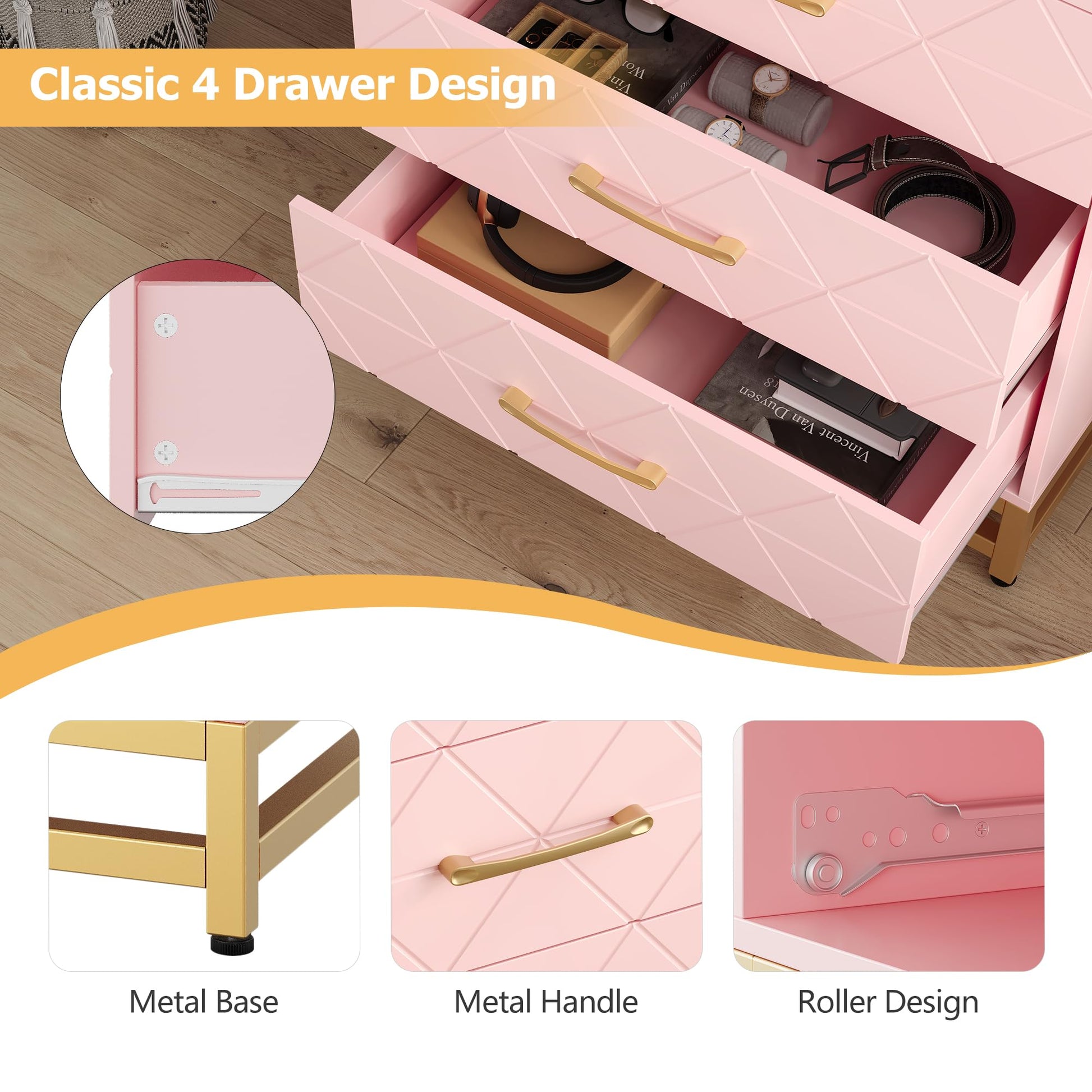 Cassettiera per camera da letto Garvee con 4 cassetti, maniglie in metallo, rosa, legno, viola in metallo robuste, salvaspazio, per soggiorno e ufficio