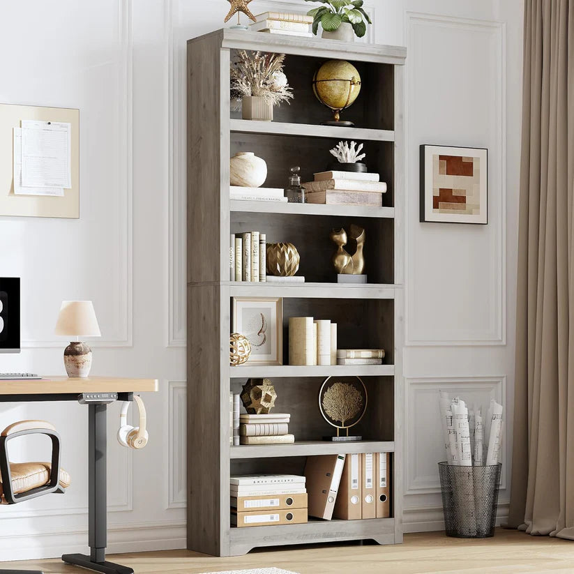 Garvee Libreria a 6 Ripiani Alta Regolabile Design Antiscivolo MDF Robusto Stile Rustico Grigia per Casa e Ufficio 191 cm