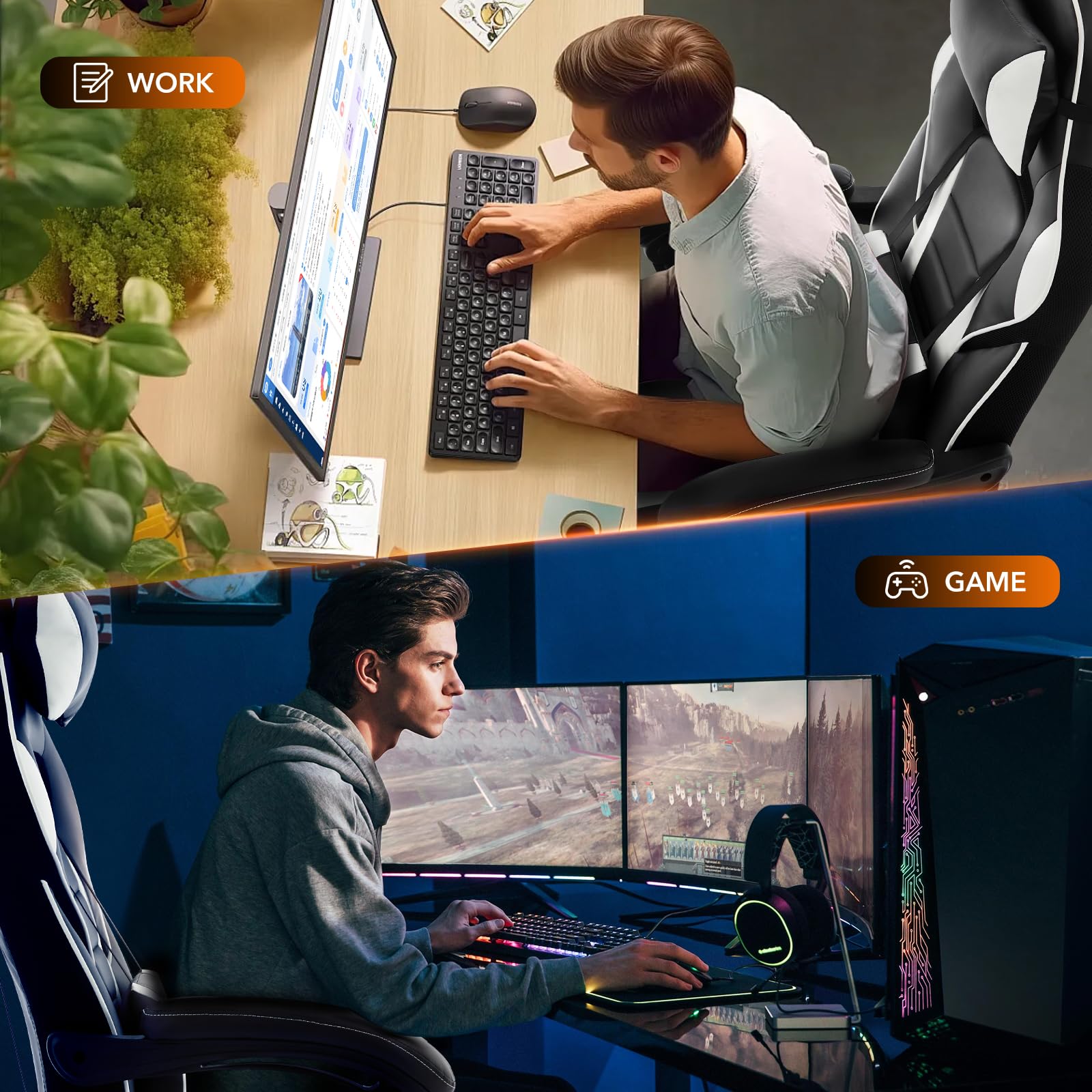 Sedia da ufficio ergonomica Garvee grande e alta con poggiapiedi per ufficio e gaming 20,1"x18,9" in pelle PU nera