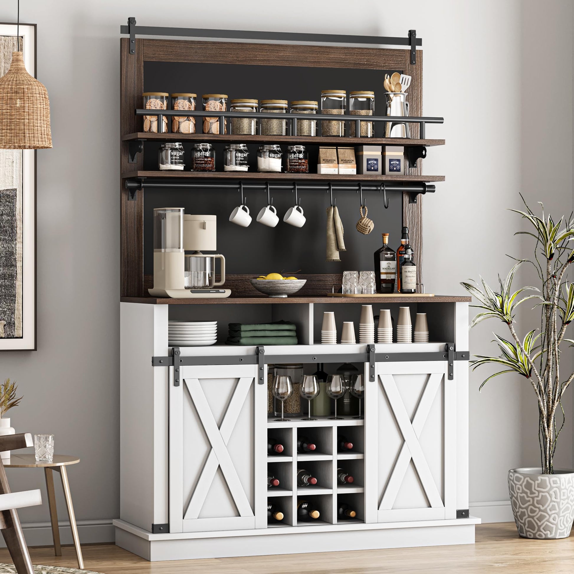 Mobiletto da caffè alto Garvee da 75" con ante scorrevoli, ampio spazio per riporre gli oggetti da cucina, in legno MDF e metallo, rovere bianco, per sala da pranzo e soggiorno