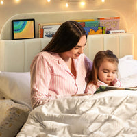 Struttura per letto singolo Garvee con rivestimento in velluto e testiera a libreria per cameretta dei bambini, bianco crema, gambe in acciaio robuste, silenzioso, facile da montare