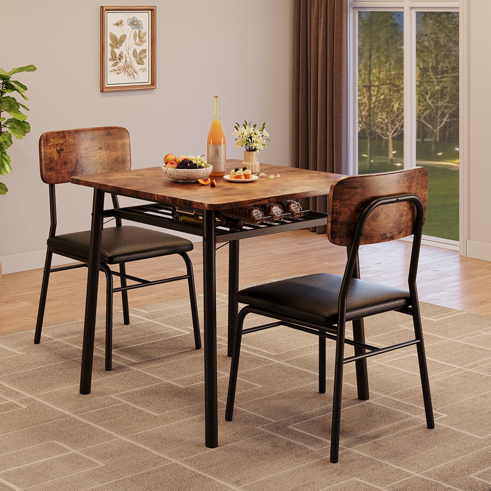 Tavolo da pranzo Garvee per 2 persone con contenitore, struttura in metallo, sedie imbottite, piano in legno MDF, salvaspazio, marrone, cucine piccole