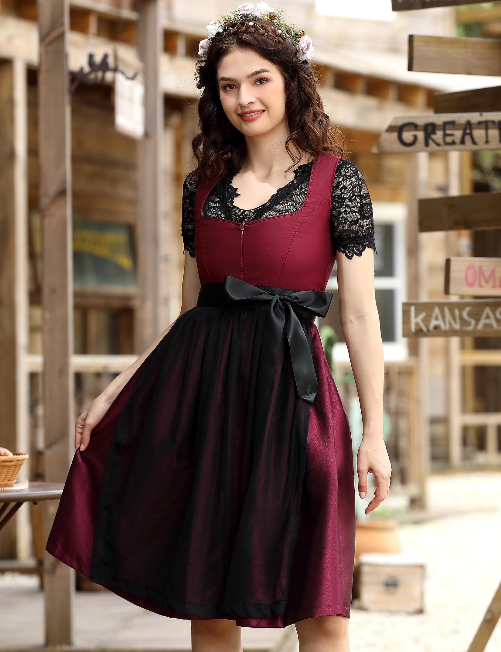 Garvee Dirndl, abito tradizionale da donna, set da 3 pezzi con camicetta e grembiule per Oktoberfest bavarese, Halloween, Carnevale, Borgogna, taglia 36