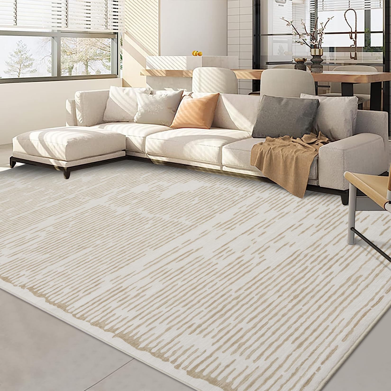 Tappeto a pelo corto Garvee per soggiorno/camera da letto, 200x290 cm, beige, lavabile, antiscivolo, soffice