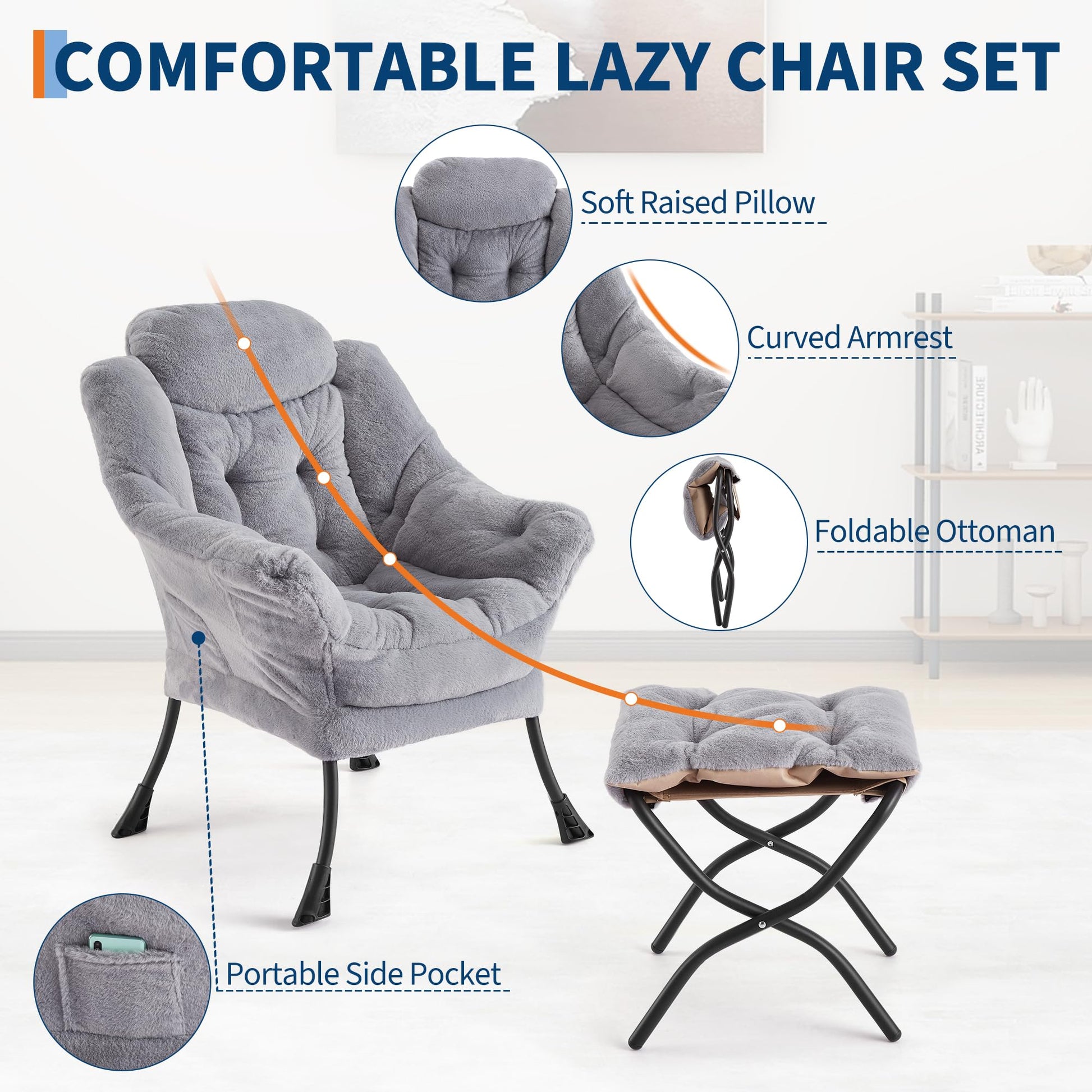 Poltrona Garvee Lazy con poggiapiedi, ergonomica e robusta, in pelliccia sintetica di coniglio, grigio chiaro, per soggiorno e ufficio