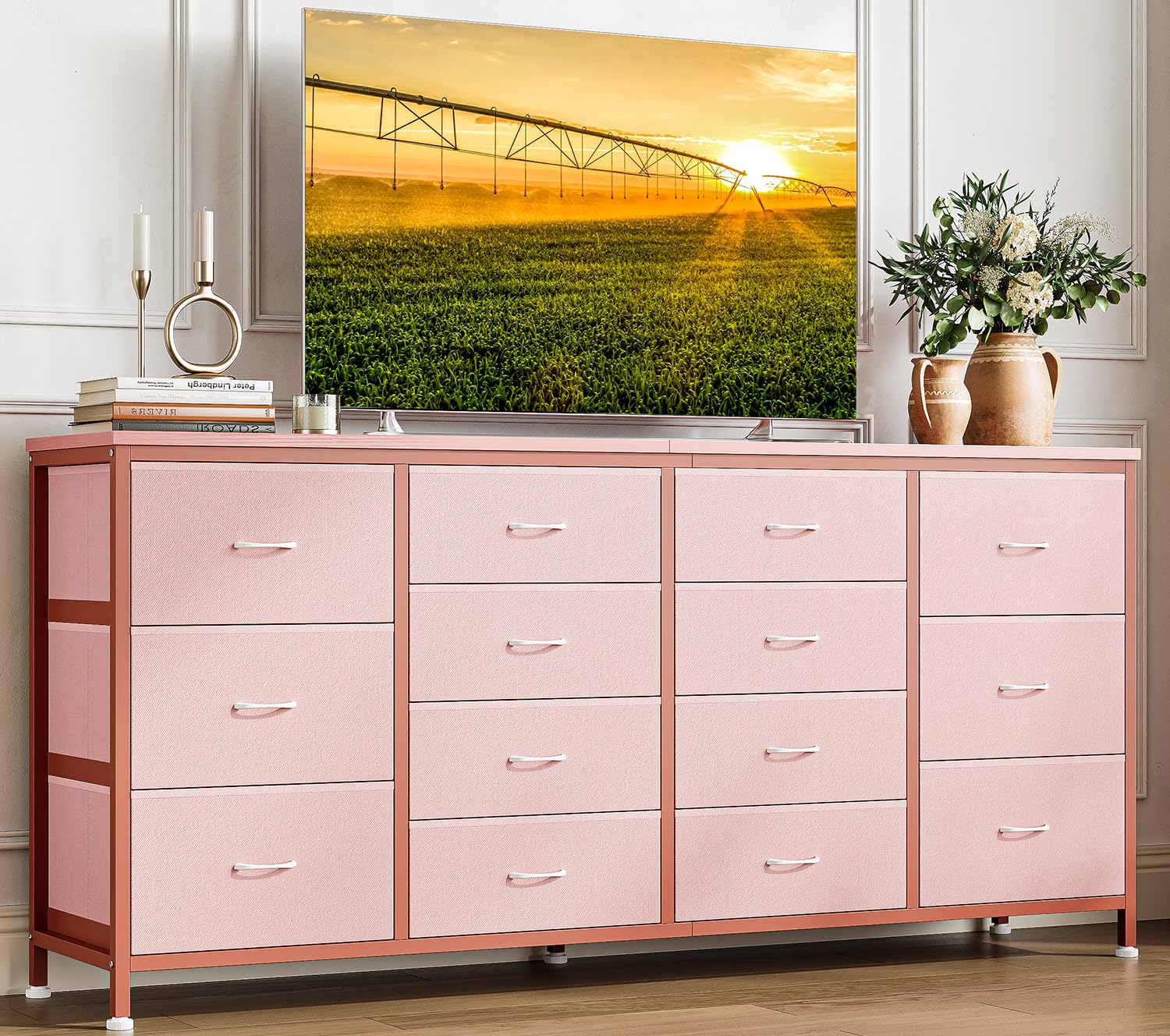 Mobile TV Garvee da 63" per TV da 65-75", 14 cassetti, piano in tessuto e legno, protezione antiribaltamento, camera da letto e soggiorno, resistente e sicuro