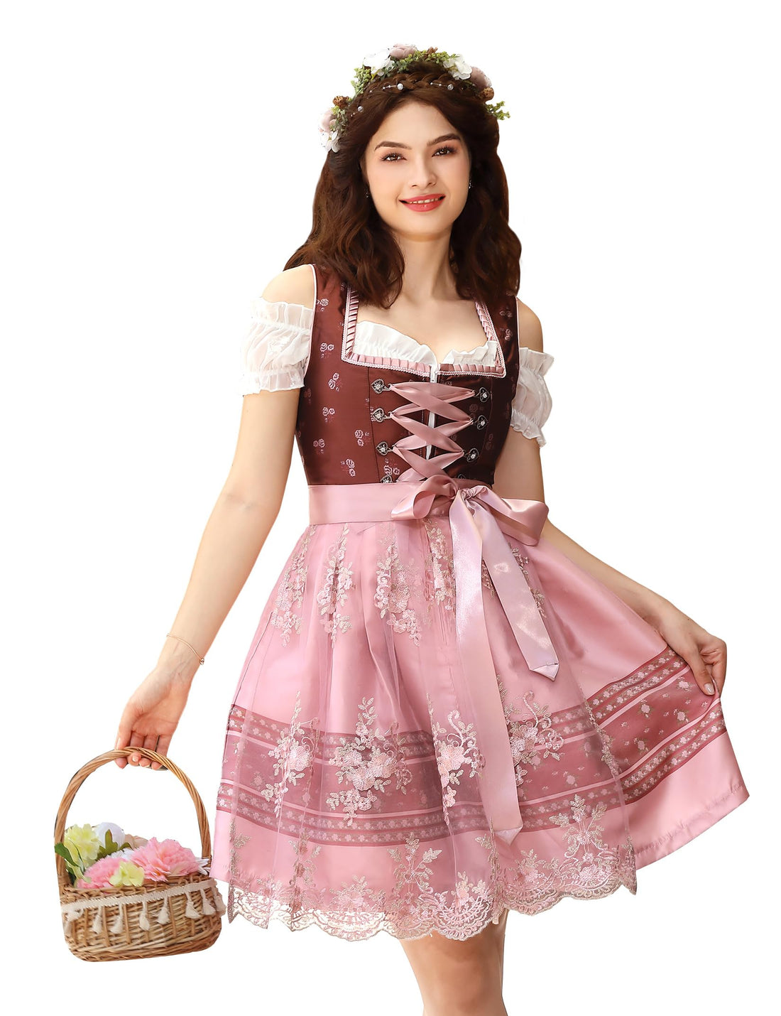 Garvee Dirndl da donna, set completo Dirndl midi da 3 pezzi, abbigliamento tradizionale con grembiule, camicetta, vestito, bordeaux, taglie 34-42