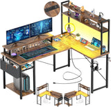 Garvee Scrivania d'Angolo Gaming LED 124x92x152cm con Scaffalatura, Cassetto, USB, Supporto Monitor - Marrone, Ideale per Gioco e Lavoro - Oak