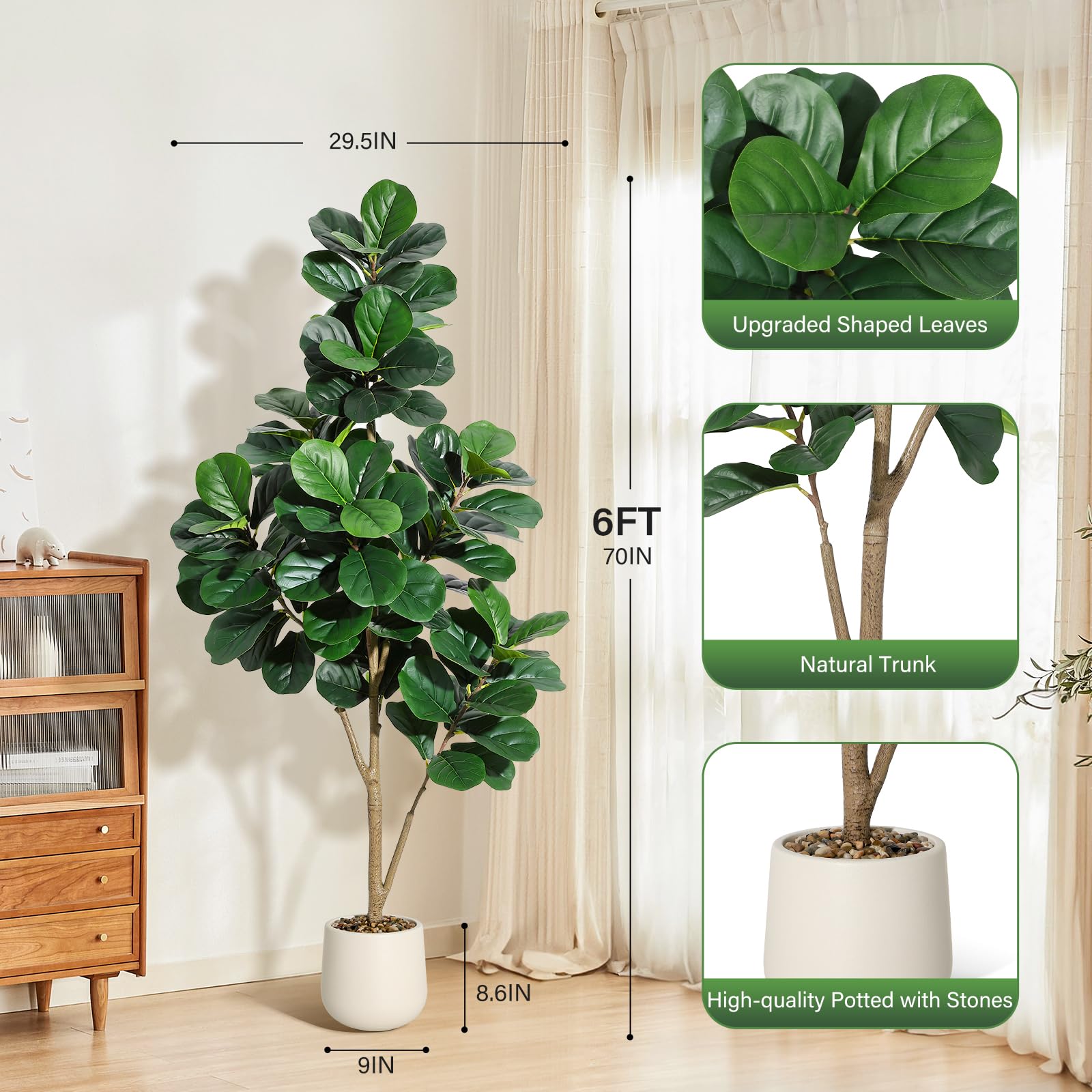 Albero artificiale di Ficus Lyrata Garvee da 6 piedi con 108 foglie, vaso bianco da 9 pollici, soggiorno e ufficio, facile da pulire