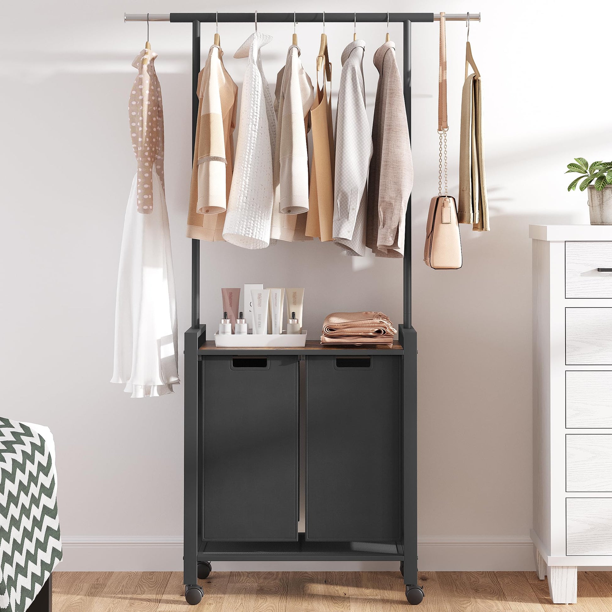Garvee Laundry Sorter, cesto portabiancheria a 2 sezioni con asta appendiabiti e ripiano in legno per lavanderia, 2 x 49.2 L, nero
