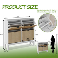 Scarpiera scanalata Garvee con 4 cassetti a scomparsa, organizer per scarpe stretto in legno, gambe in metallo, stile rustico moderno, bianco e rovere, salvaspazio per corridoio