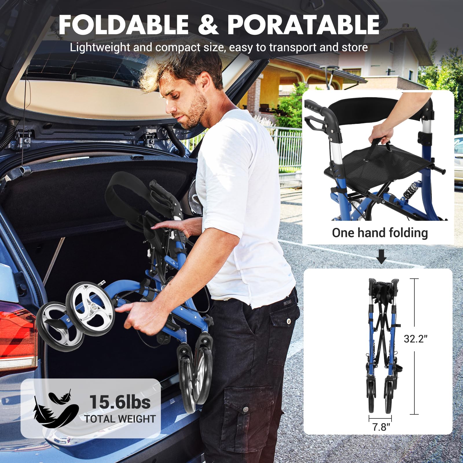 Rollator pieghevole Garvee con ammortizzatori - ruote anteriori da 12" e posteriori da 10" per comfort e sicurezza su tutti i terreni