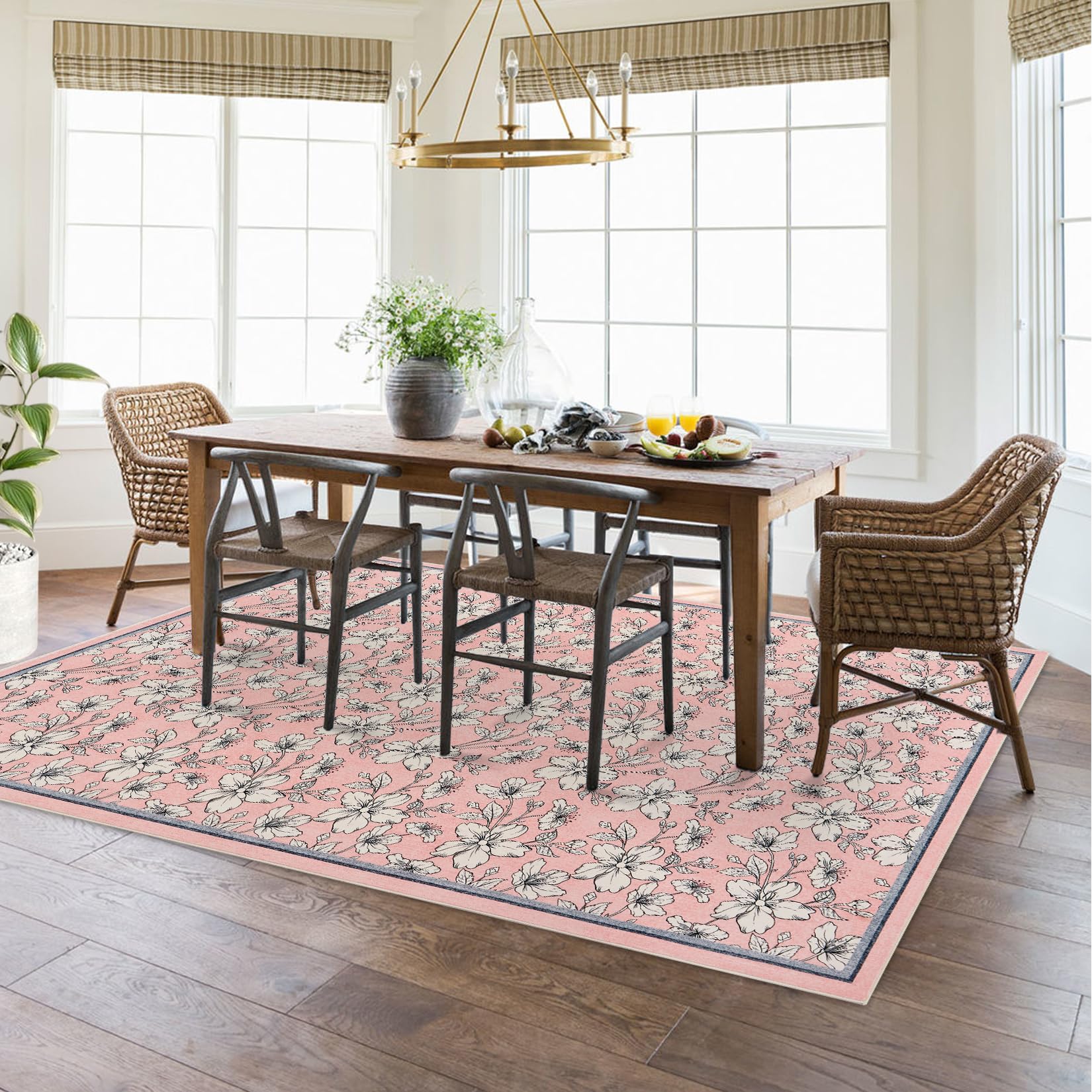 Tappeto Garvee lavabile per soggiorno, motivo floreale vintage, pelo corto, antiscivolo, morbido, per soggiorno, camera da letto, stile rustico, sala da pranzo, cameretta dei bambini, 120x170 cm, rosa