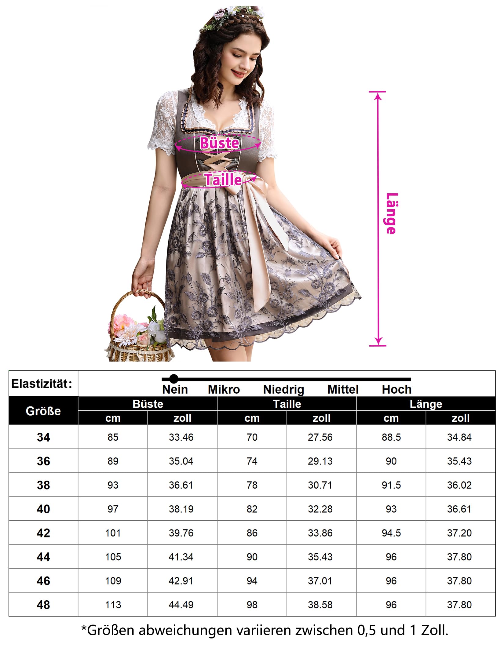 Garvee Dirndl Corto Da Donna In 3 Pezzi Tradizionale abito midi Oktoberfest con grembiule in pizzo grigio Taglia 34