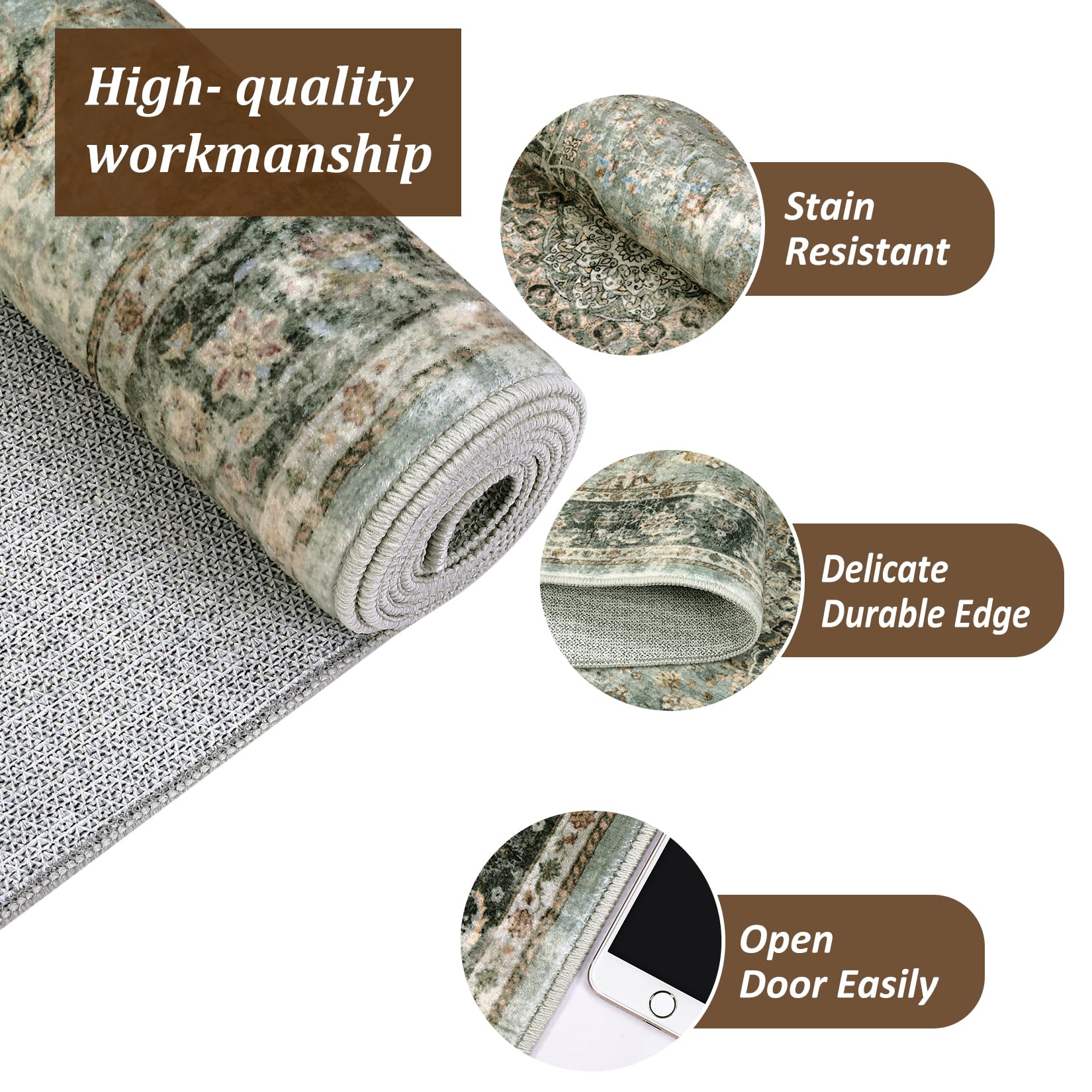 Tappeto vintage lavabile Garvee 80x150 cm antiscivolo verde antico per soggiorno, camera da letto, cucina, corridoio