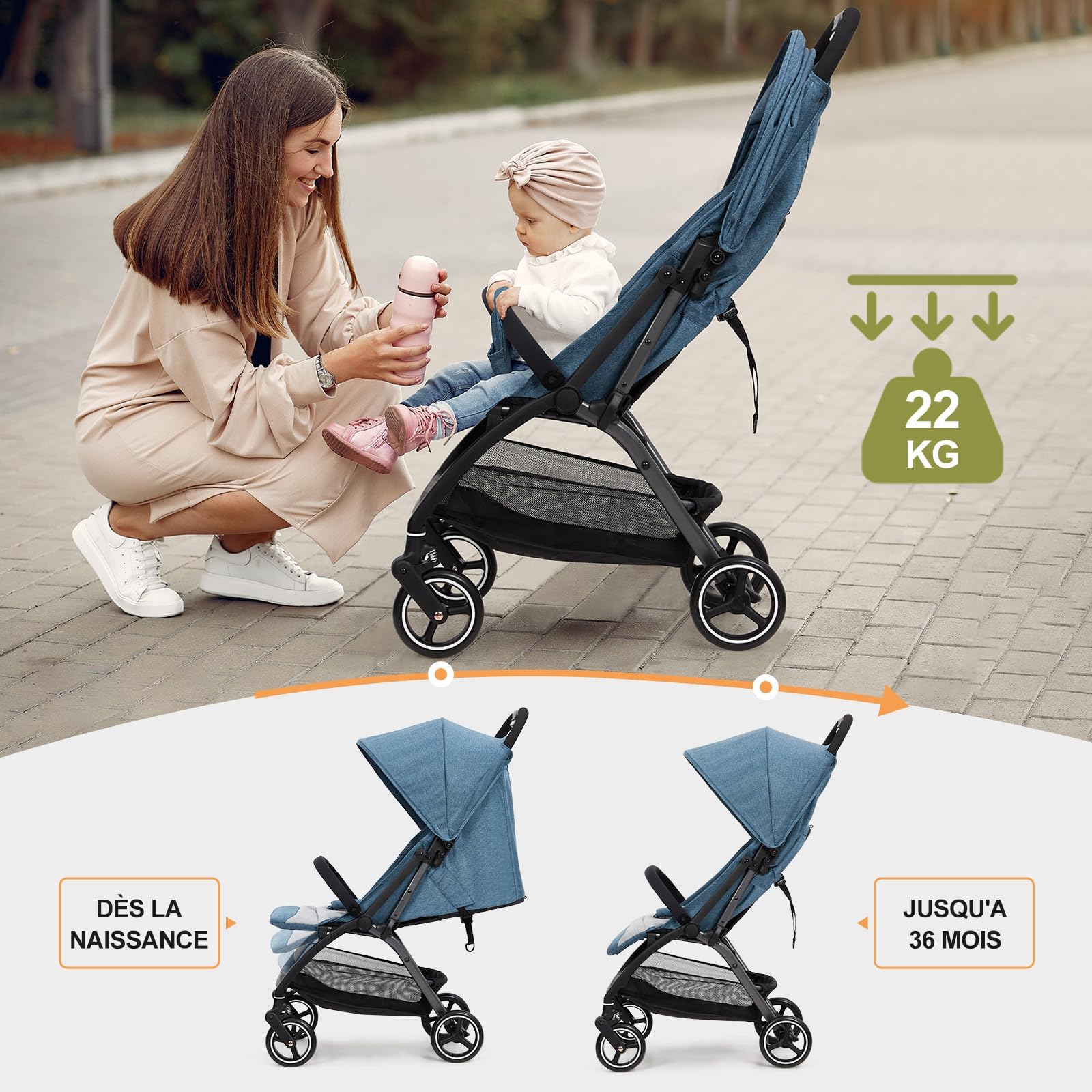 Passeggino GARVEE, passeggino da viaggio pieghevole, compatto e ultraleggero, per neonati fino a 22 kg, schienale regolabile, ampia capottina con finestra, pneumatici EVA