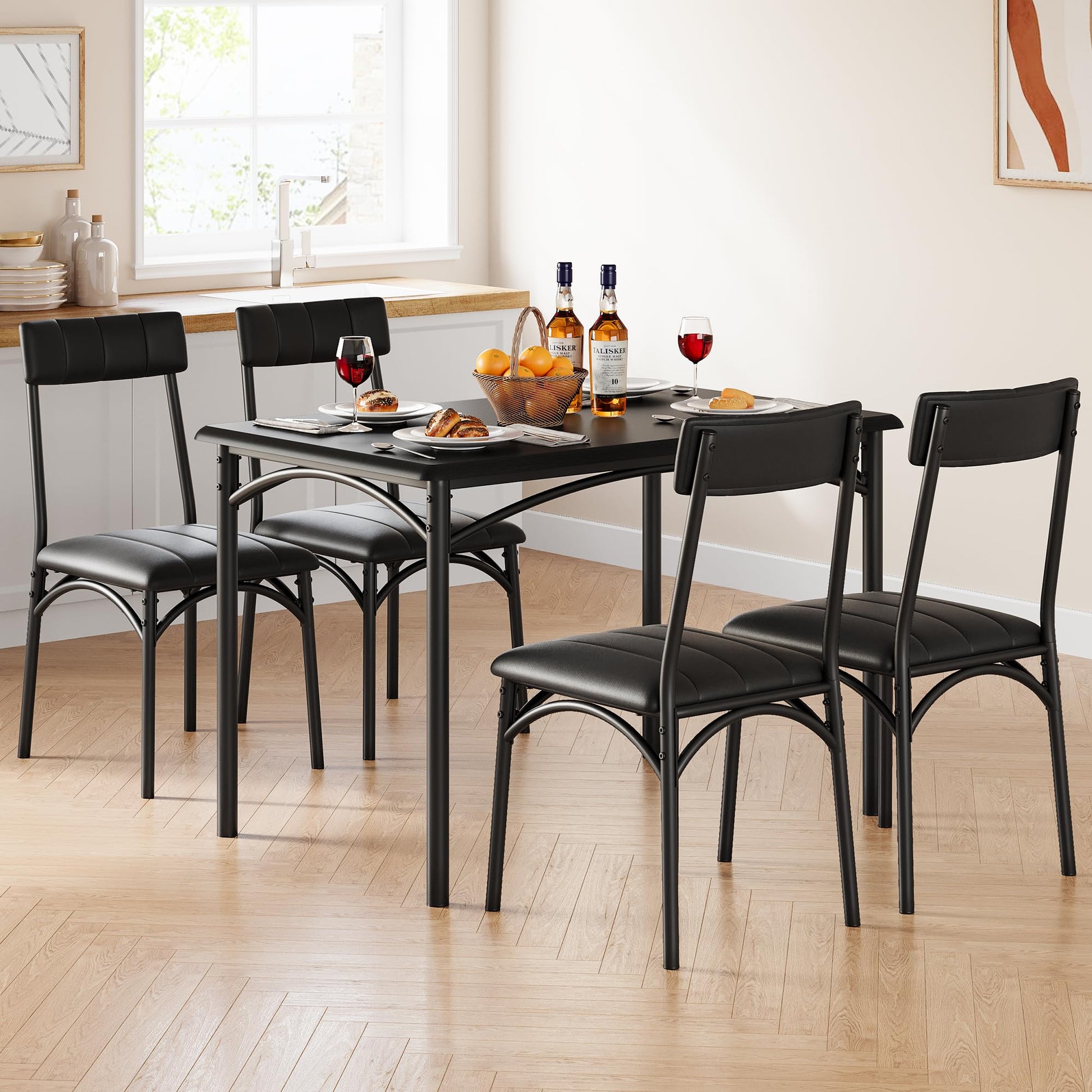 Set da pranzo Garvee da 5 pezzi, tavolo da pranzo rustico nero con sedie imbottite, per piccoli spazi, 44,33" L x 27,63" P x 30,03" H