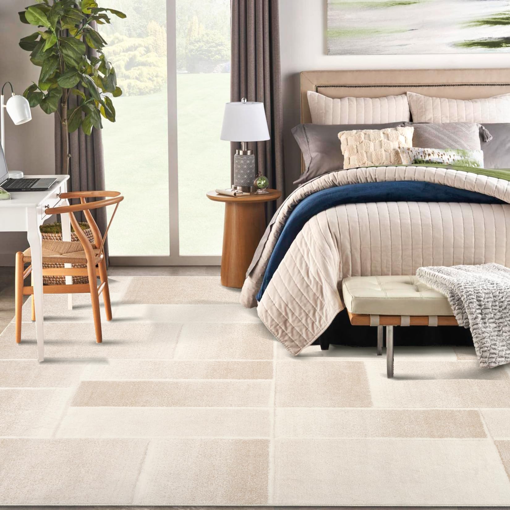 Tappeto moderno Garvee, geometrico, beige, lavabile, 120x170 cm, antiscivolo, a pelo corto, per soggiorno, camera da letto, cucina