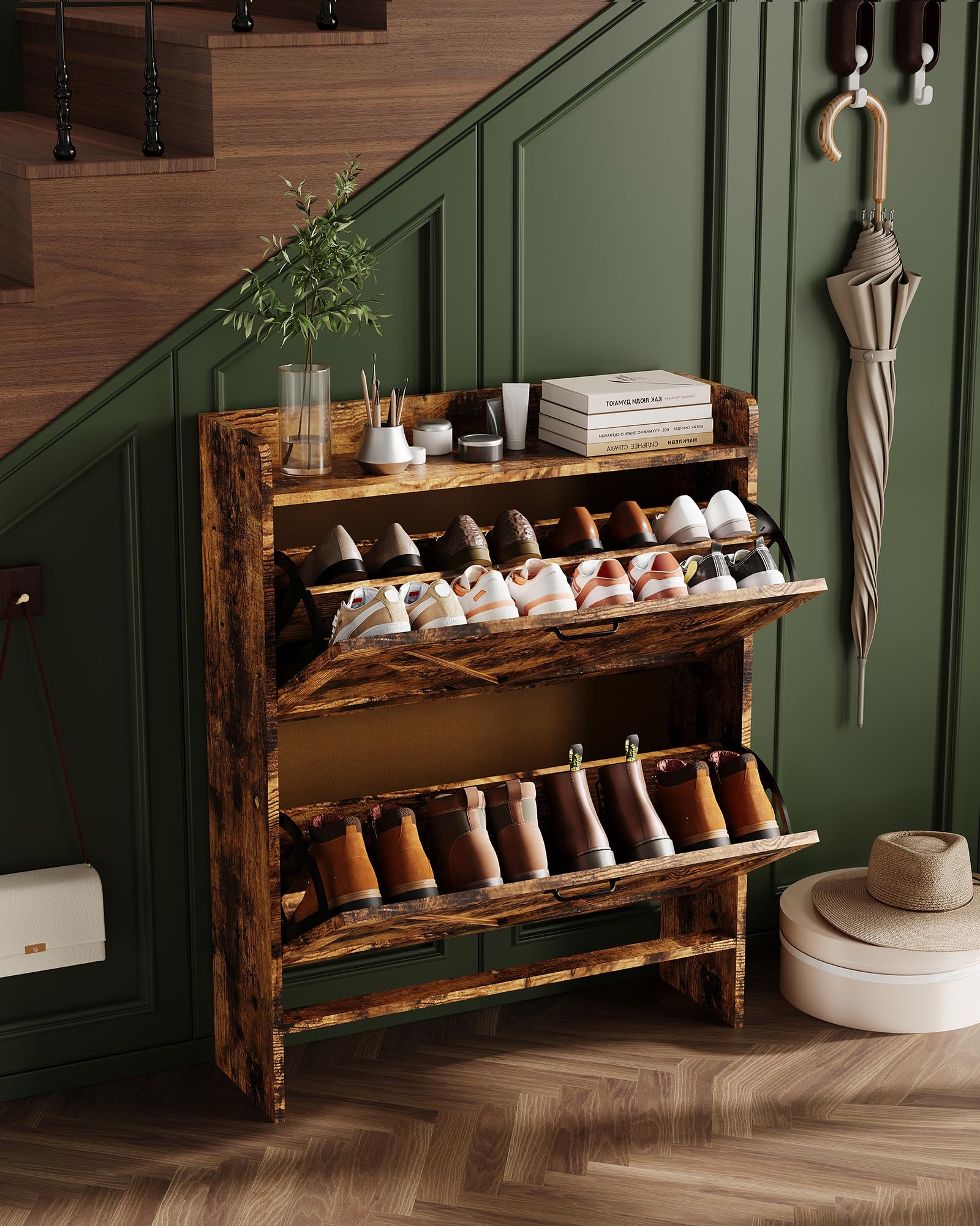 Garvee Scarpiera con 2 cassetti pieghevoli, scarpiera rustica marrone in stile fattoria per corridoio e ingresso, salvaspazio