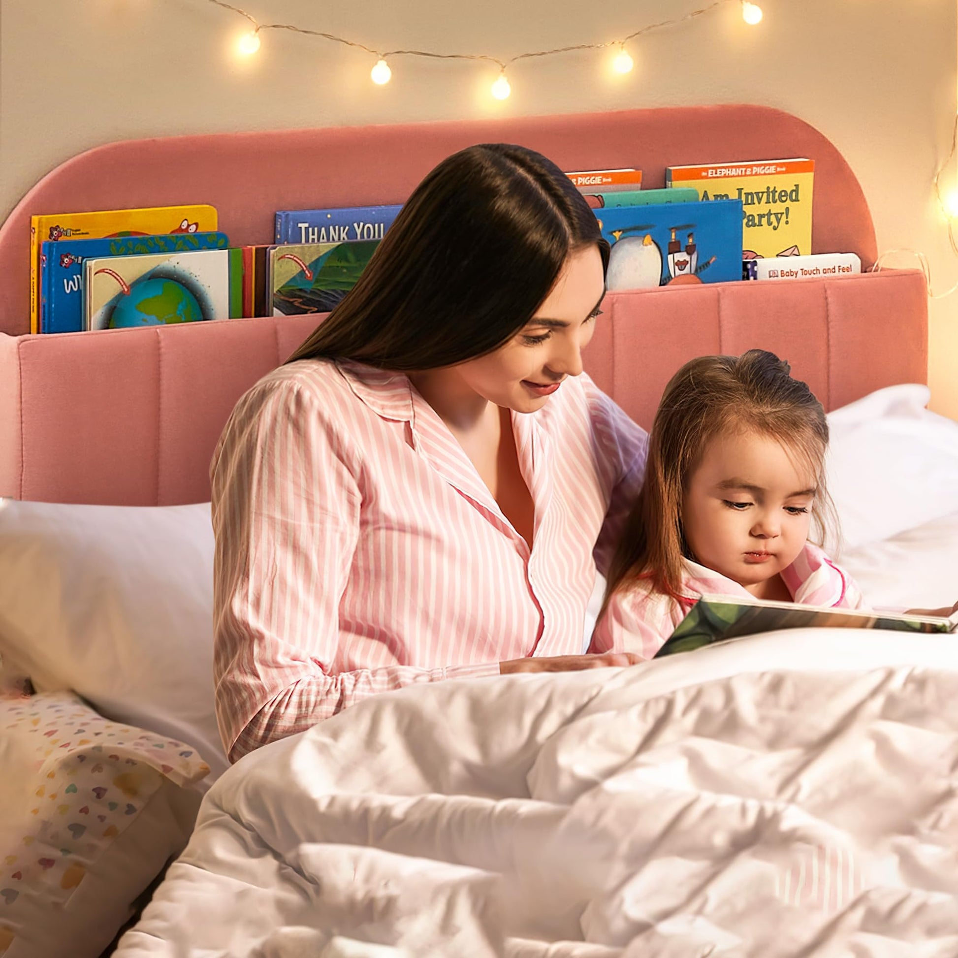 Struttura per letto singolo Garvee con libreria, velluto, gambe in acciaio robusto, silenzioso, rosa, per cameretta dei bambini