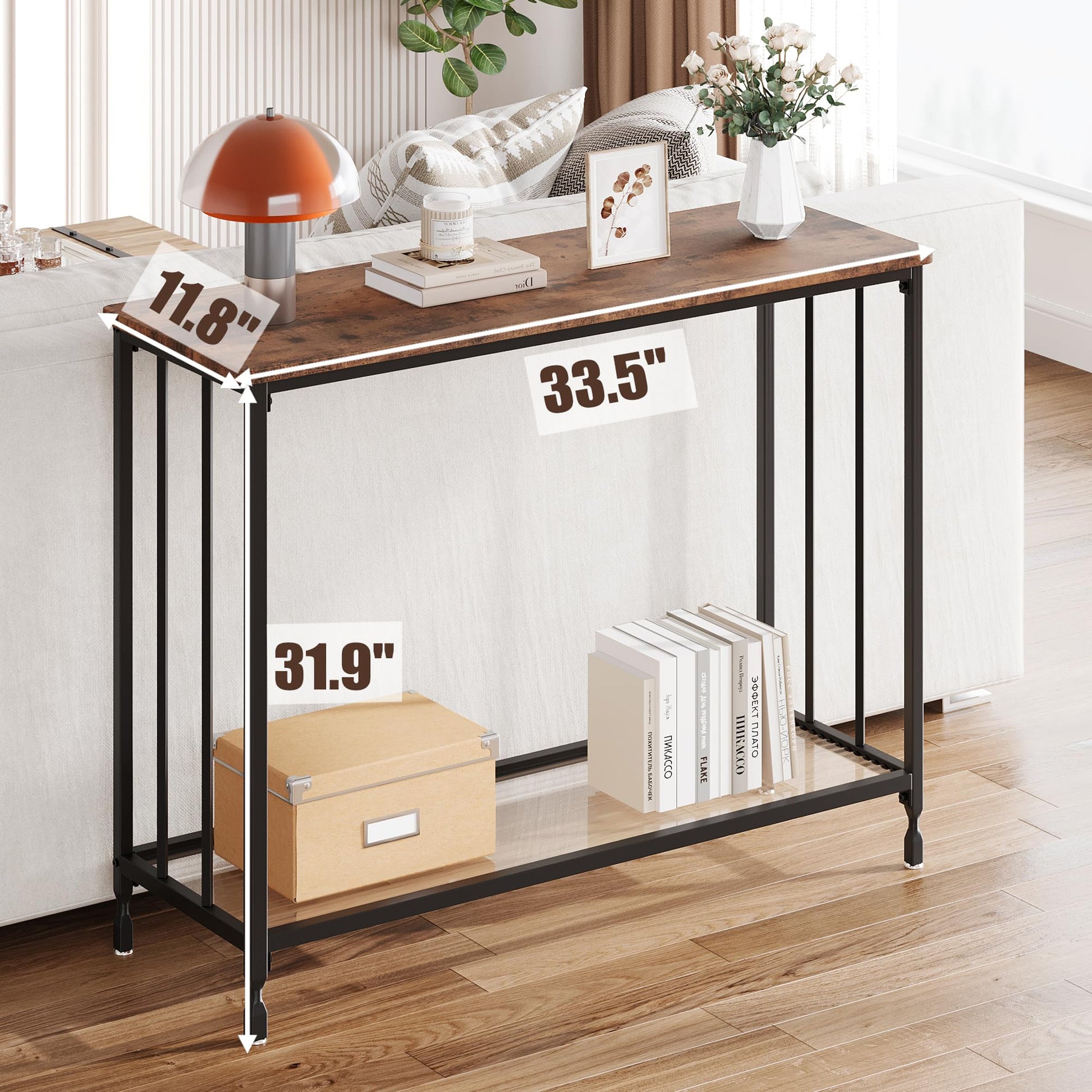 Tavolo consolle stretto Garvee 33,5"L x 11,8"W x 31,9"H Struttura in metallo effetto legno vintage per soggiorno e corridoio