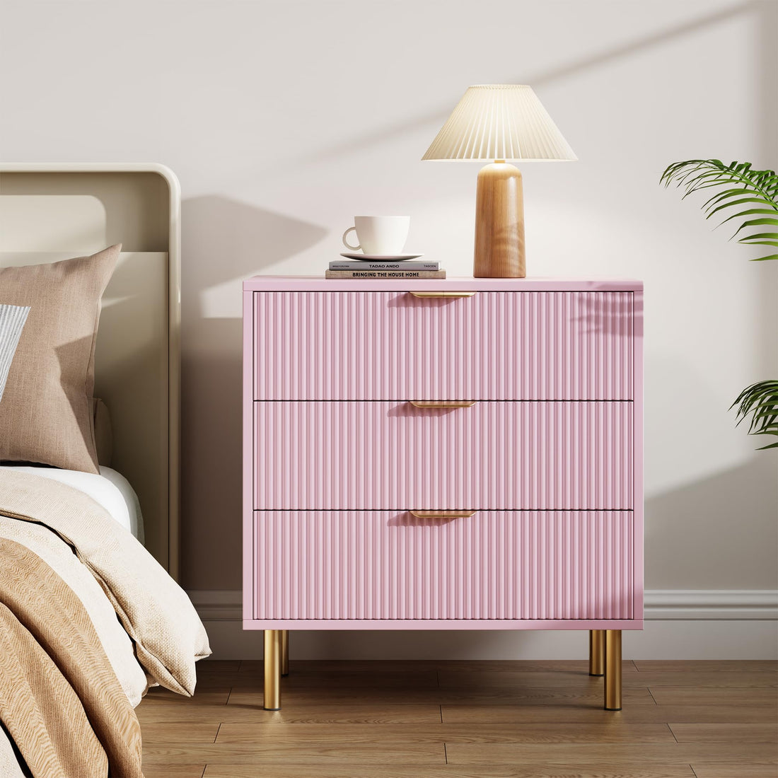 Cassettiera Garvee Modern Pink a 3 cassetti con maniglie dorate per camera da letto e soggiorno, 28"x17"x30", legno MDF