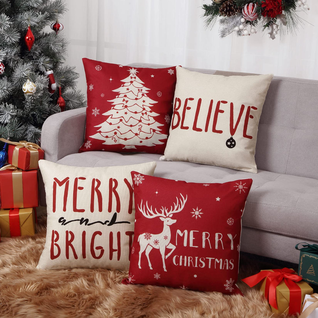 Federe natalizie GARVEE 45x45 cm, set da 4 pezzi, motivo fiocchi di neve rossi e cervi, in cotone, per la casa e le feste