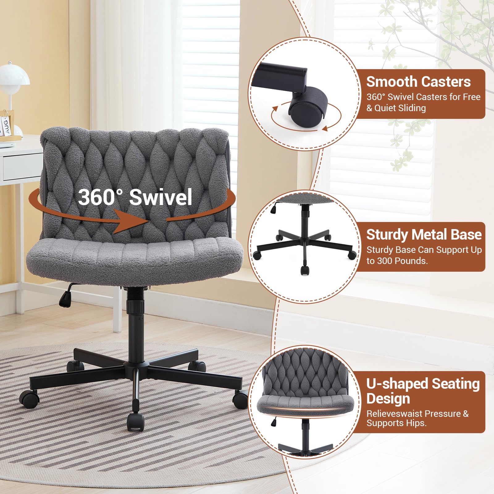 Sedia da ufficio Garvee Criss Cross con rotelle, seduta ampia, girevole a 360°, struttura in metallo, senza braccioli, design moderno per ufficio domestico e toeletta, 26 pollici, nero
