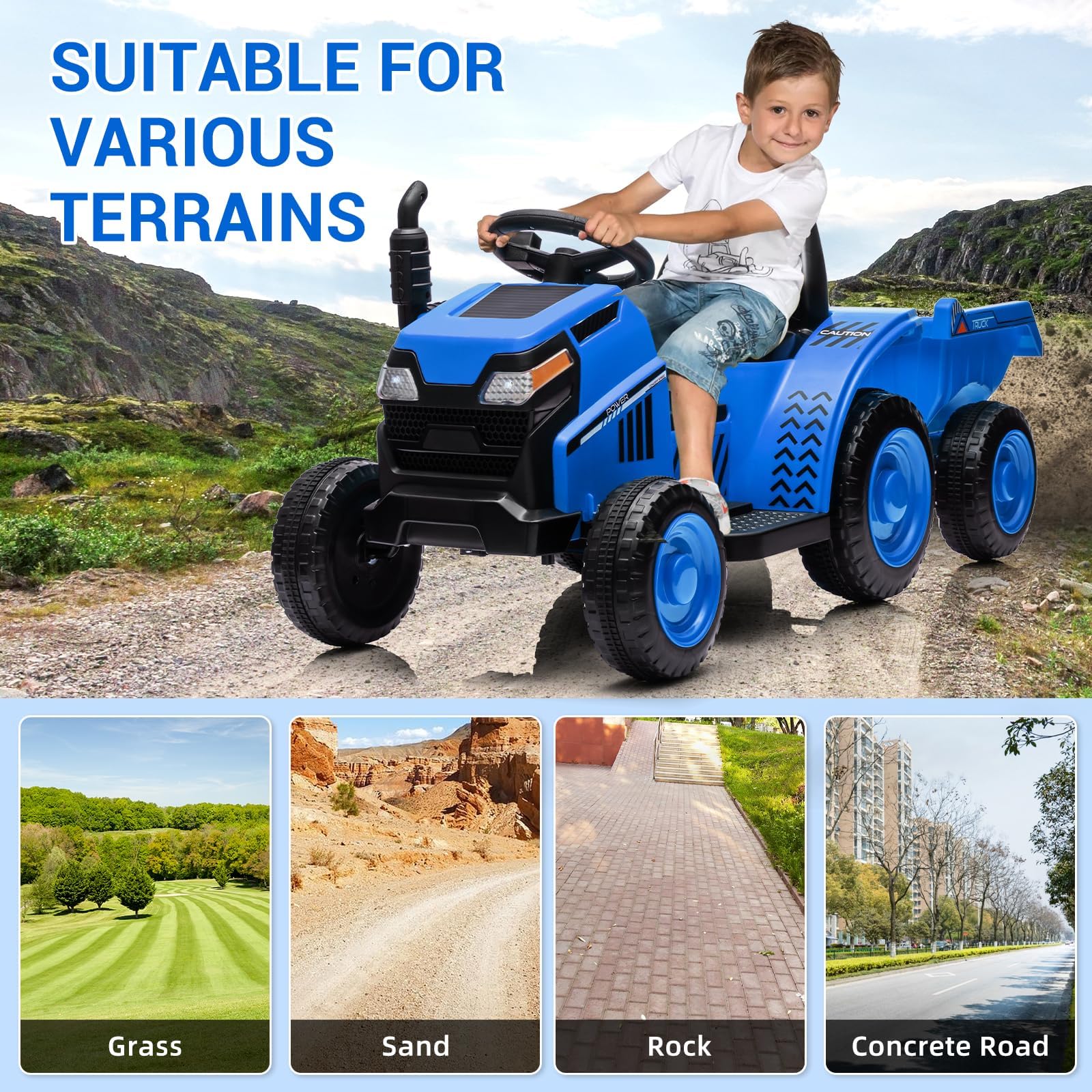 Trattore elettrico Garvee 6V, trattore cavalcabile per bambini, blu con clacson e aspetto realistico del trattore per gite in giardino e giochi all'aperto in fattoria per bambini dai 3 anni in su