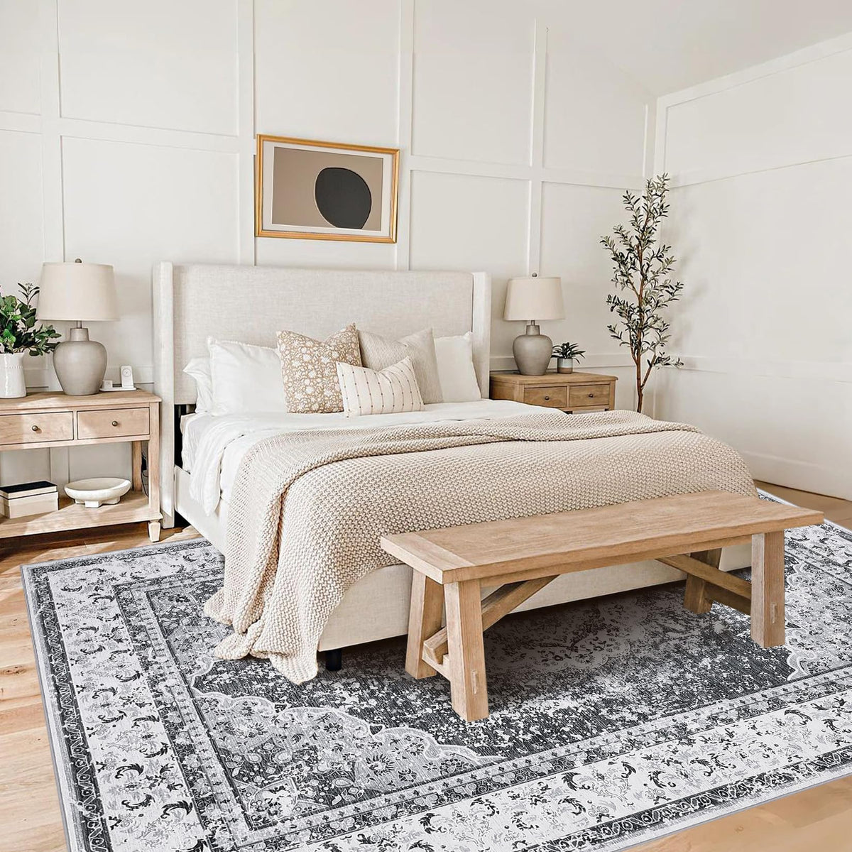GARVEE Tappeto Boho Vintage Floreale 160 × 230 cm Nero-Grigio in Poliestere, Lavabile e Antiscivolo, Morbido per Soggiorno e Camera da Letto