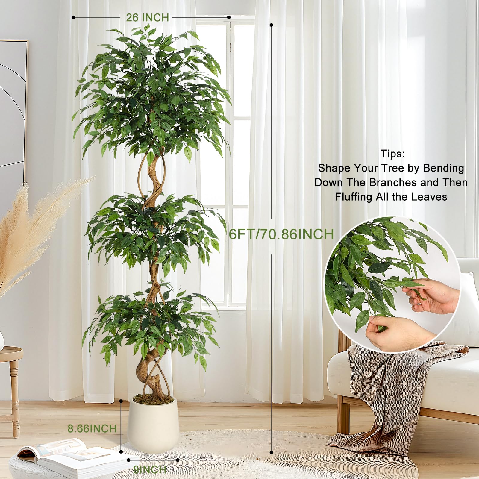 Albero artificiale Garvee Ficus da 6 piedi con tronco curvo, foglie di seta realistiche, vaso bianco per ufficio e soggiorno