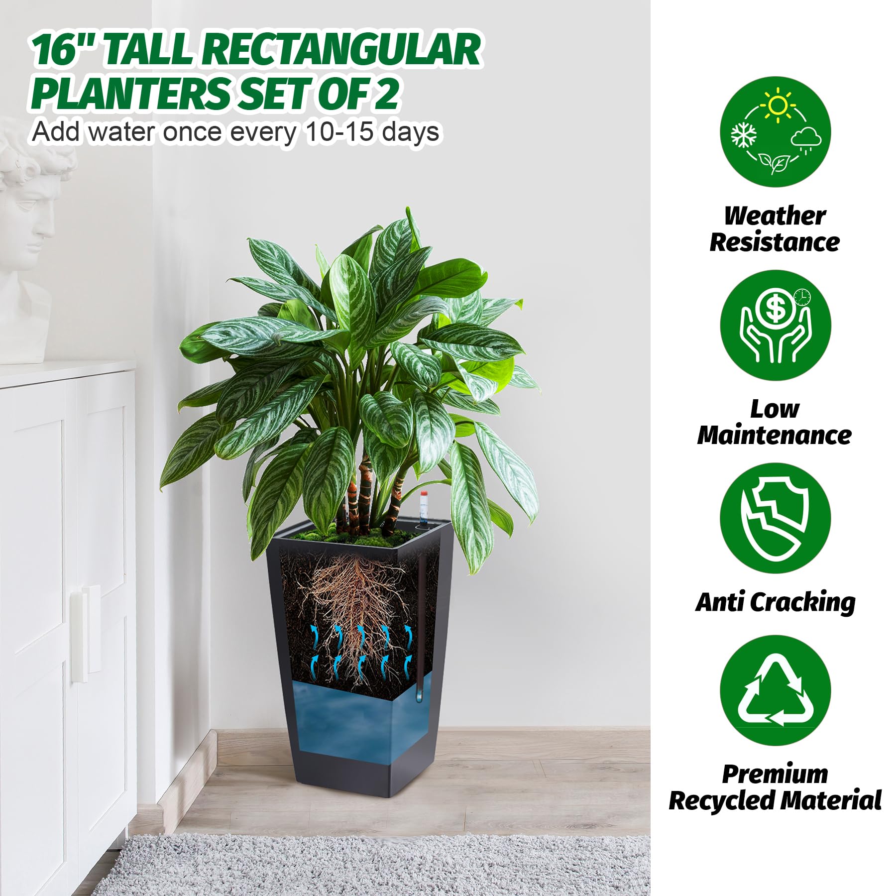 Garvee Set di 2 fioriere alte 16" con irrigazione automatica e indicatore del livello dell'acqua per giardino e patio, nere, resistenti alle intemperie, in plastica