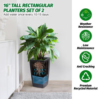Garvee Set di 2 fioriere alte 16" con irrigazione automatica e indicatore del livello dell'acqua per giardino e patio, nere, resistenti alle intemperie, in plastica