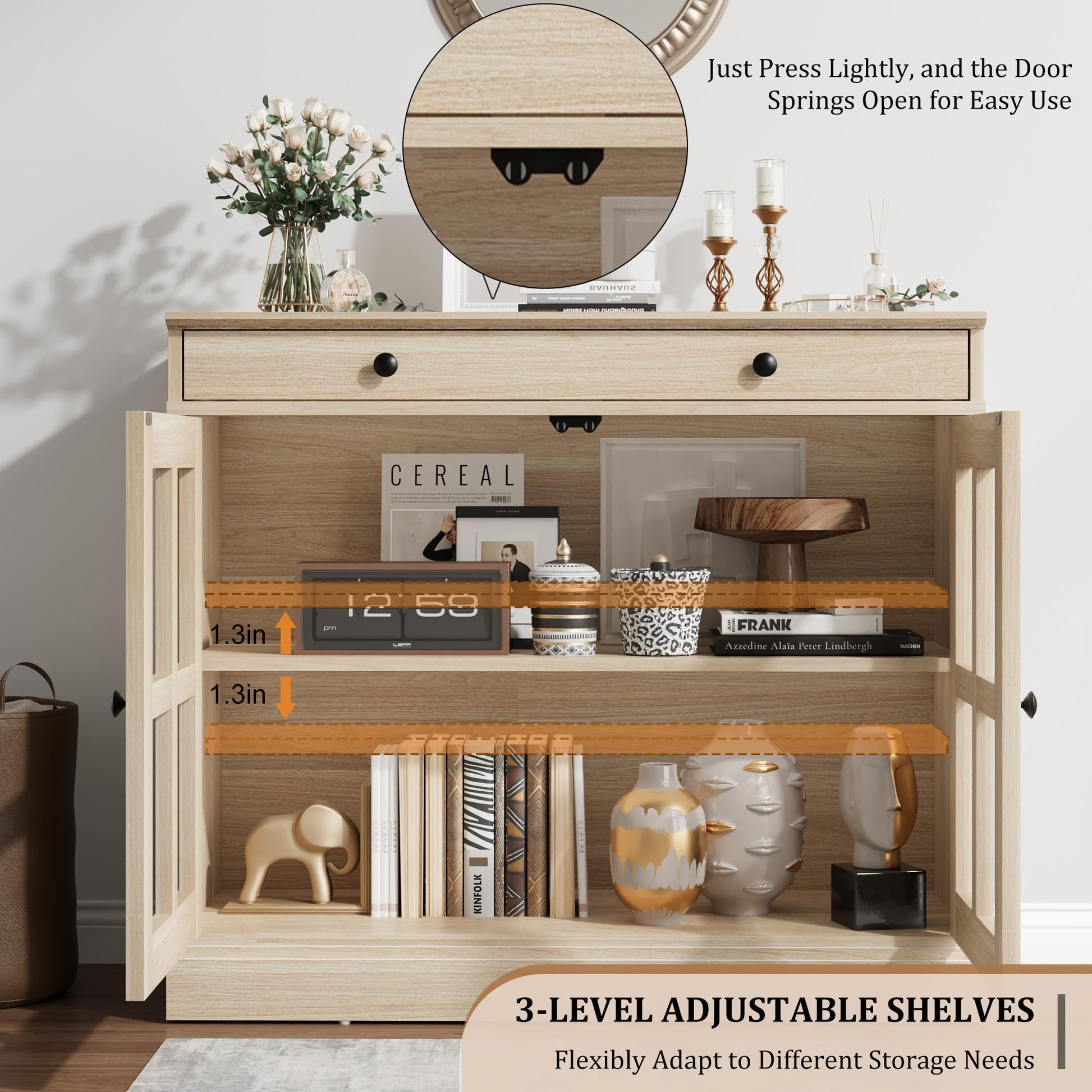 Credenza Garvee da 35,4" con anta in vetro, ripiani regolabili, chiusura ammortizzata, rovere, per sala da pranzo e cucina, struttura robusta, facile da montare