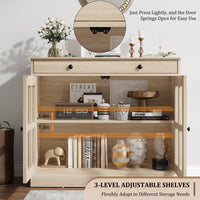 Credenza Garvee da 35,4" con anta in vetro, ripiani regolabili, chiusura ammortizzata, rovere, per sala da pranzo e cucina, struttura robusta, facile da montare