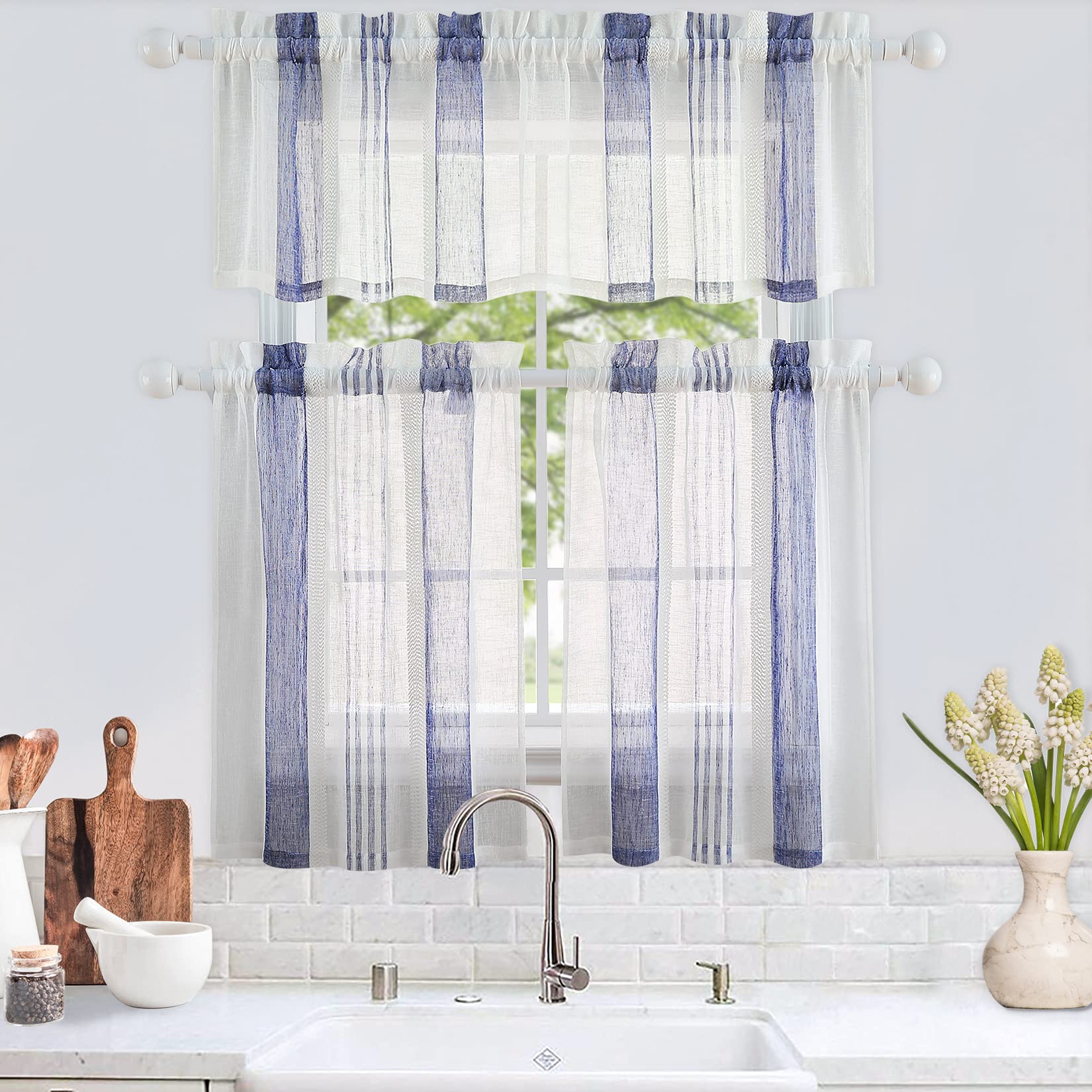 GARVEE Tende trasparenti da cucina blu navy 27x36" in poliestere semitrasparente a righe 2 pannelli per cucina e bagno