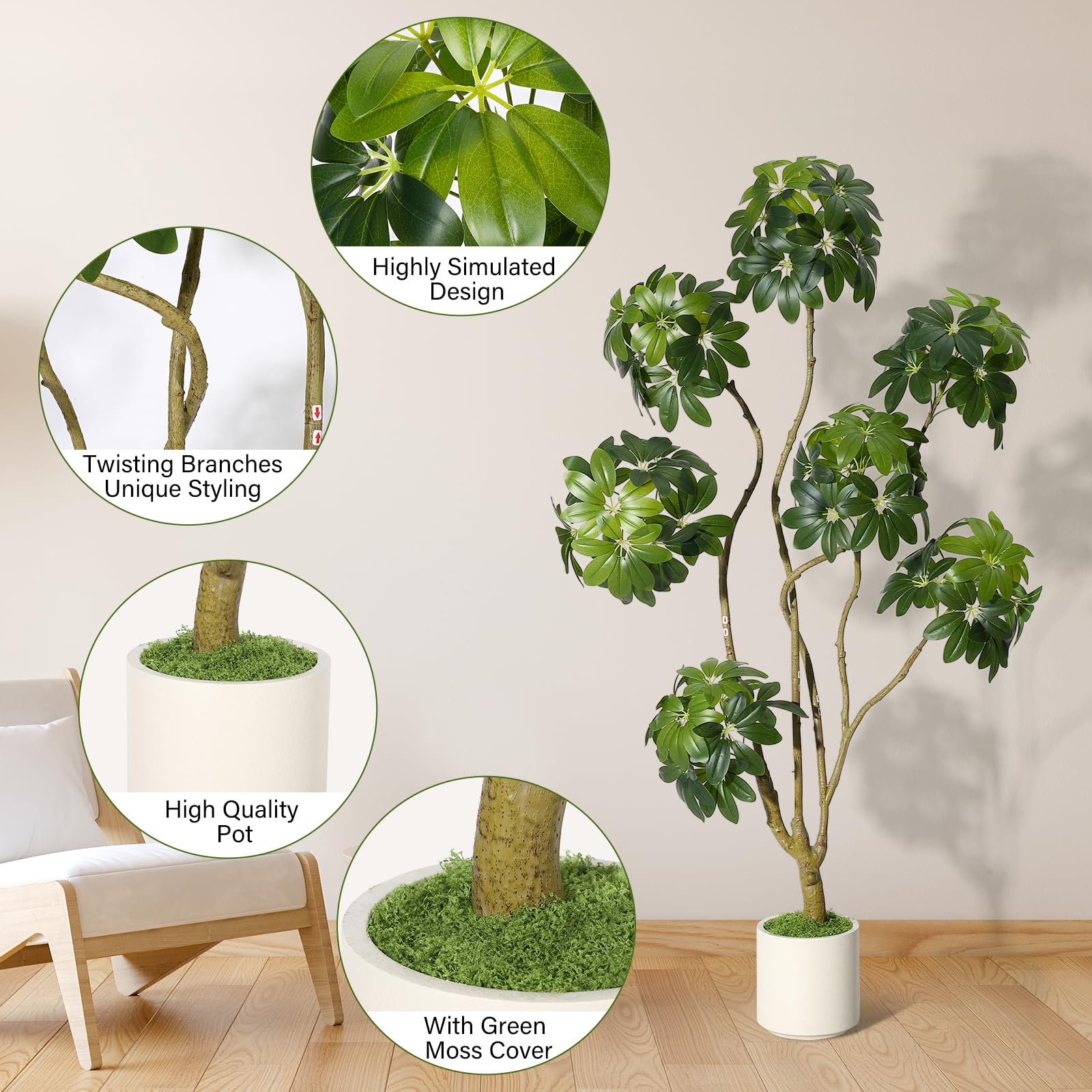 Albero di Schefflera artificiale Garvee da 5 piedi con ombrello e 5 tronchi, vaso di fiori in PE bianco per casa e ufficio