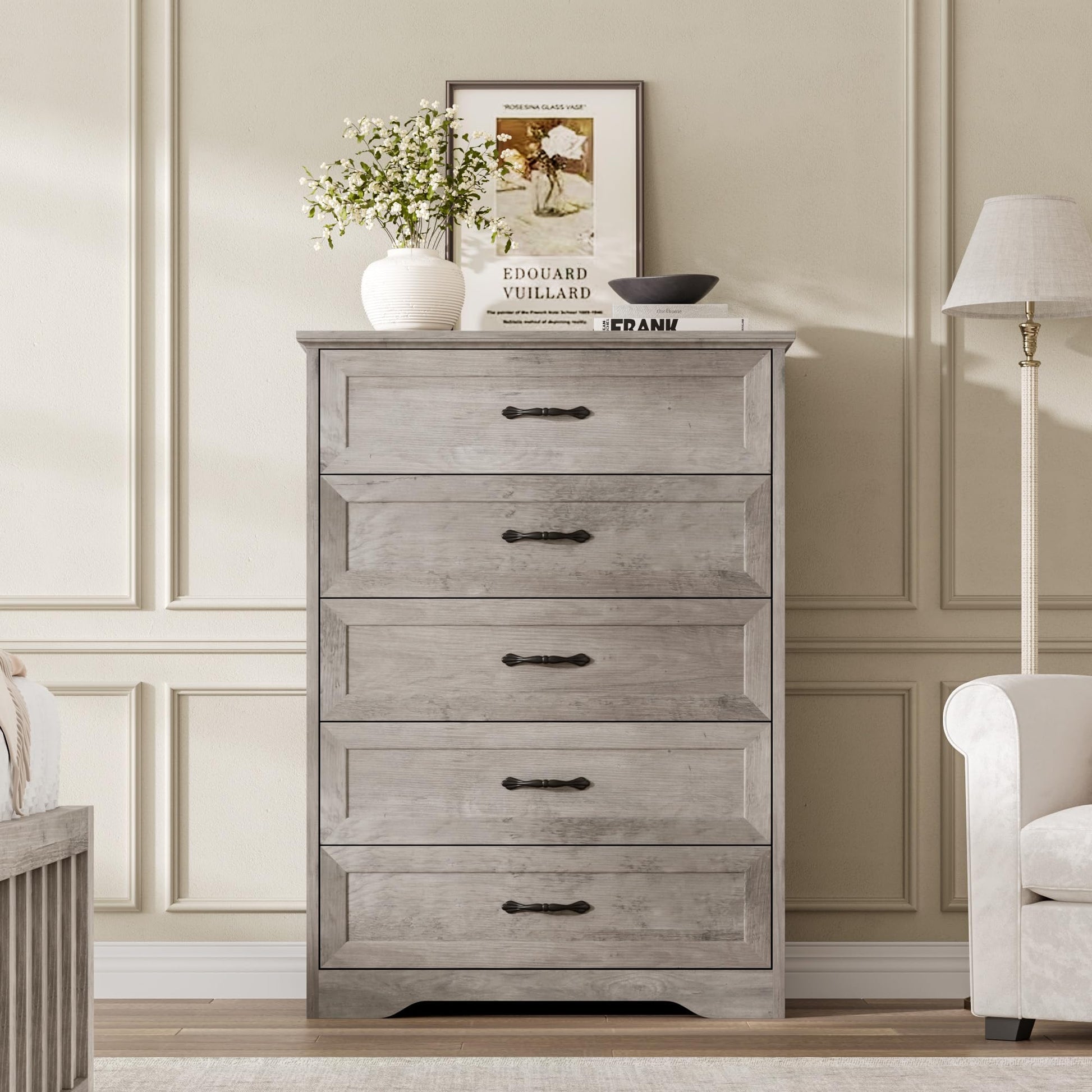 Cassettiera Garvee a 5 cassetti per camera da letto con ampio spazio di archiviazione e protezione antiribaltamento, legno MDF, grigio, soggiorno e cameretta dei bambini