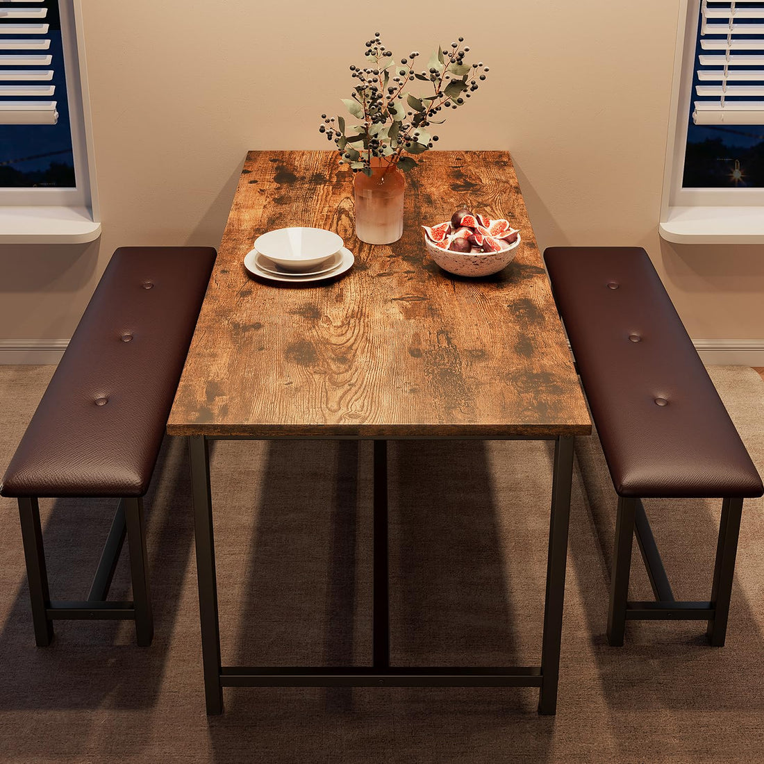 Set da pranzo Garvee per 4 persone con 2 panche imbottite, rettangolare, robusto MDF e acciaio, salvaspazio, impermeabile, per stanze piccole