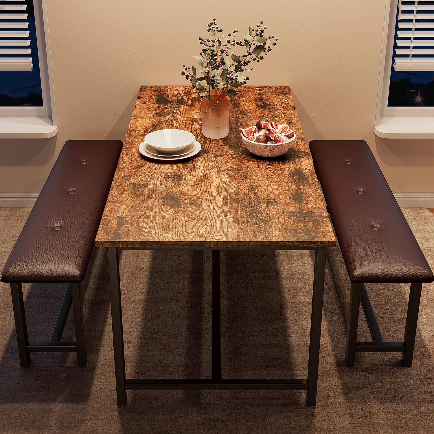 Set da pranzo Garvee per 4 persone con 2 panche imbottite, rettangolare, robusto MDF e acciaio, salvaspazio, impermeabile, per stanze piccole