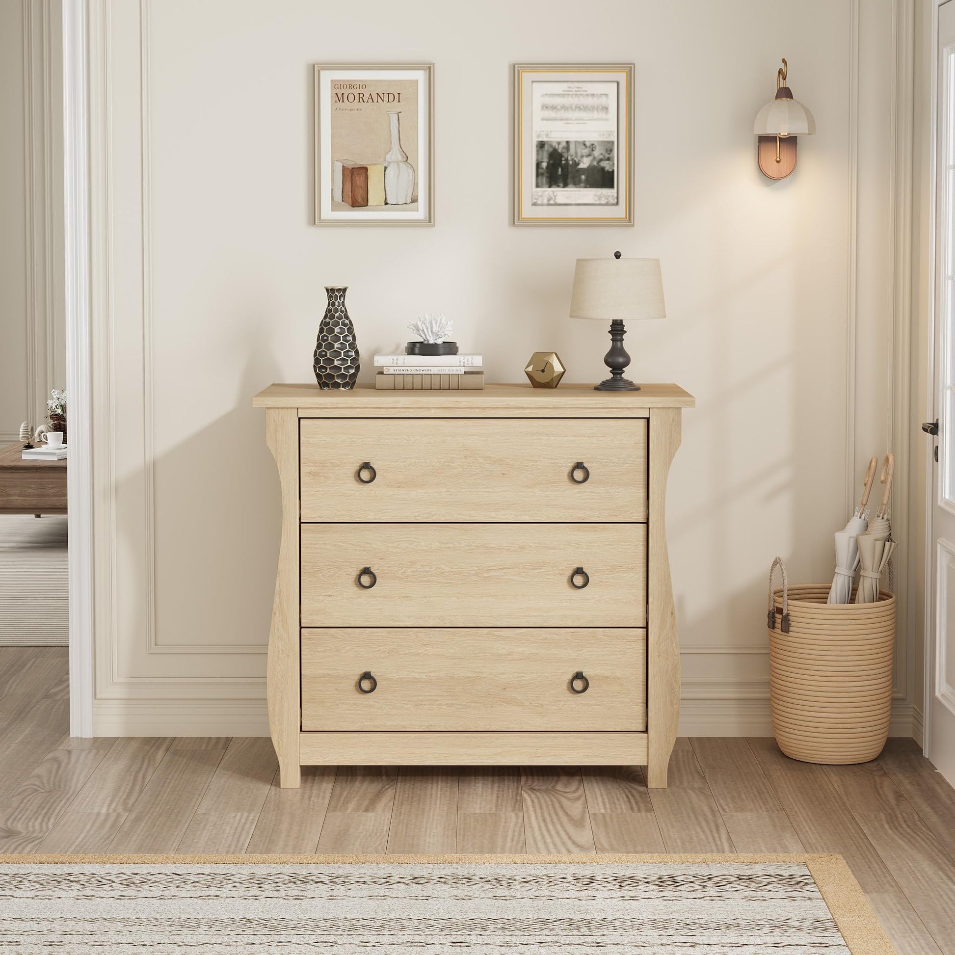 Cassettiera Garvee a 3 cassetti, mobiletto moderno in legno, bianco con maniglie in metallo nero per soggiorno e camera da letto, 29,9x15,8x29,3 pollici
