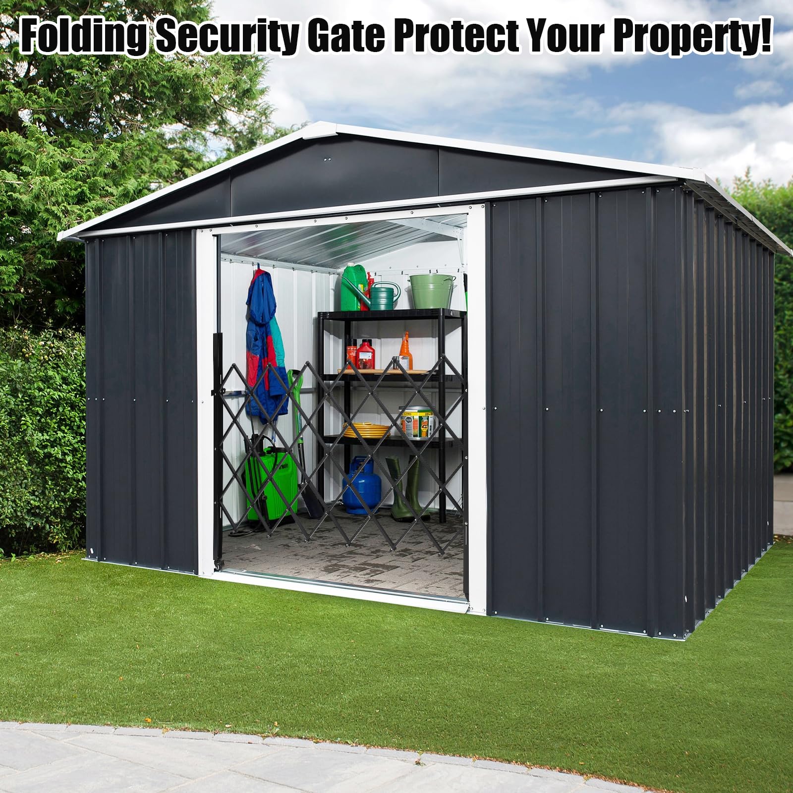 Cancello di sicurezza pieghevole singolo Garvee 71"x61" in acciaio con rulli a 360° blocco per cortile e garage nero