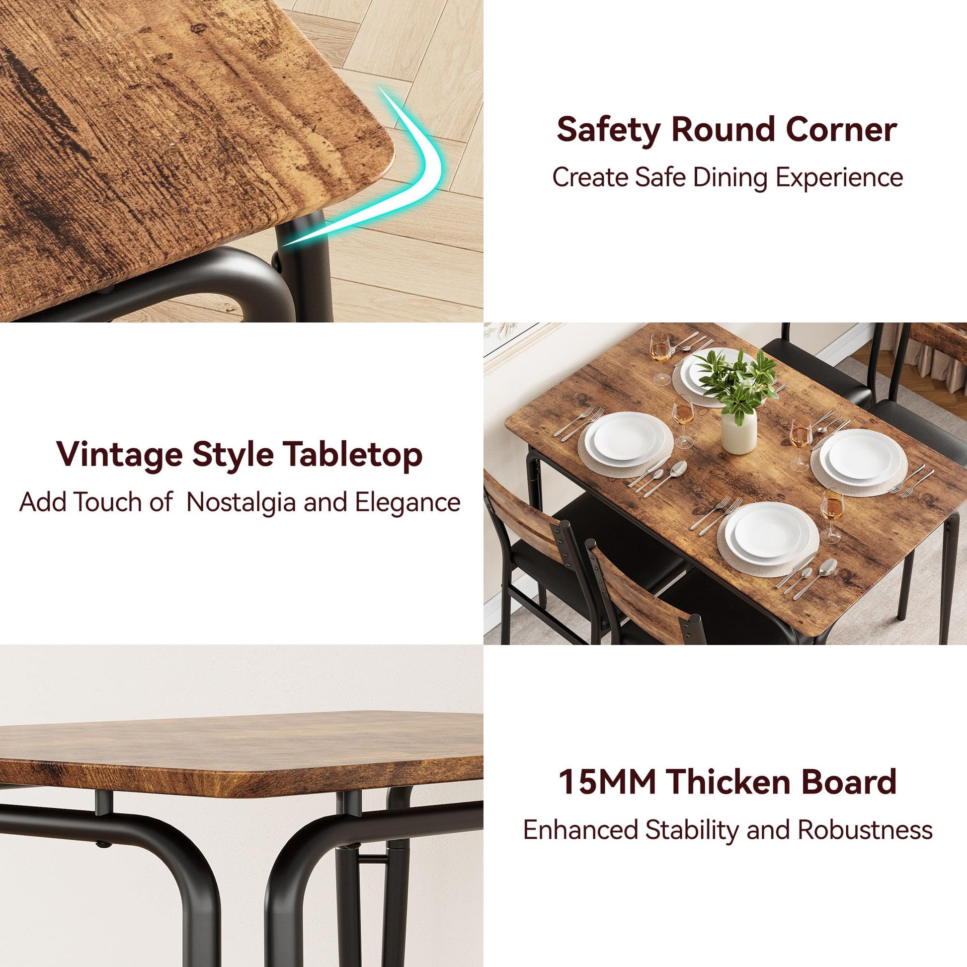 Set da pranzo Garvee per 4 persone, quadrato, con sedie imbottite, piano in MDF, struttura robusta in metallo, salvaspazio, per cucina e sala da pranzo