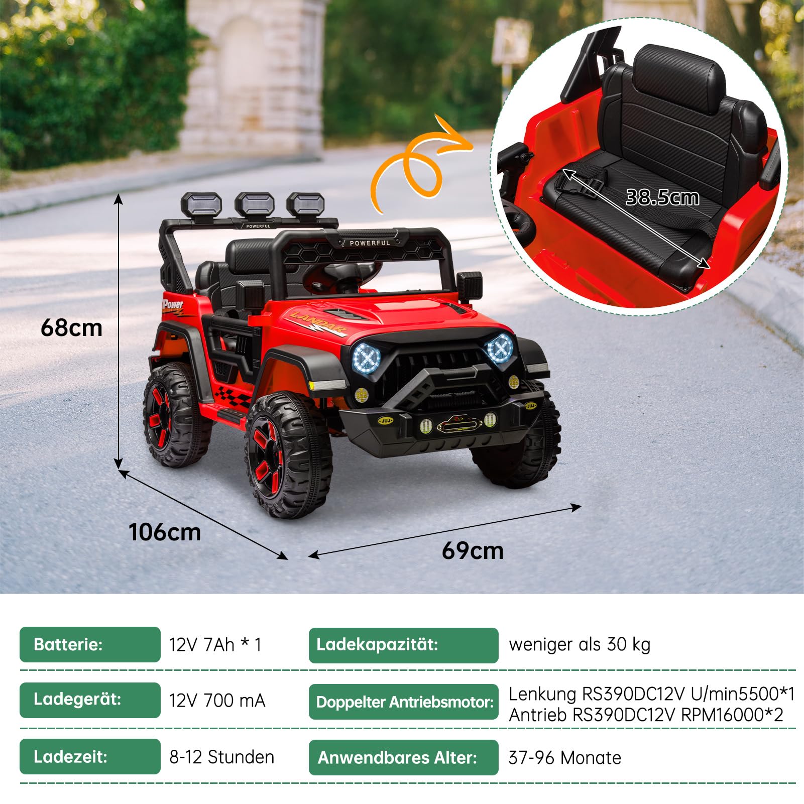 Auto elettrica per bambini GARVEE 12V con telecomando, luci a LED, Bluetooth, cinture di sicurezza, pneumatici antiscivolo, rossa, per bambini dai 3 anni in su