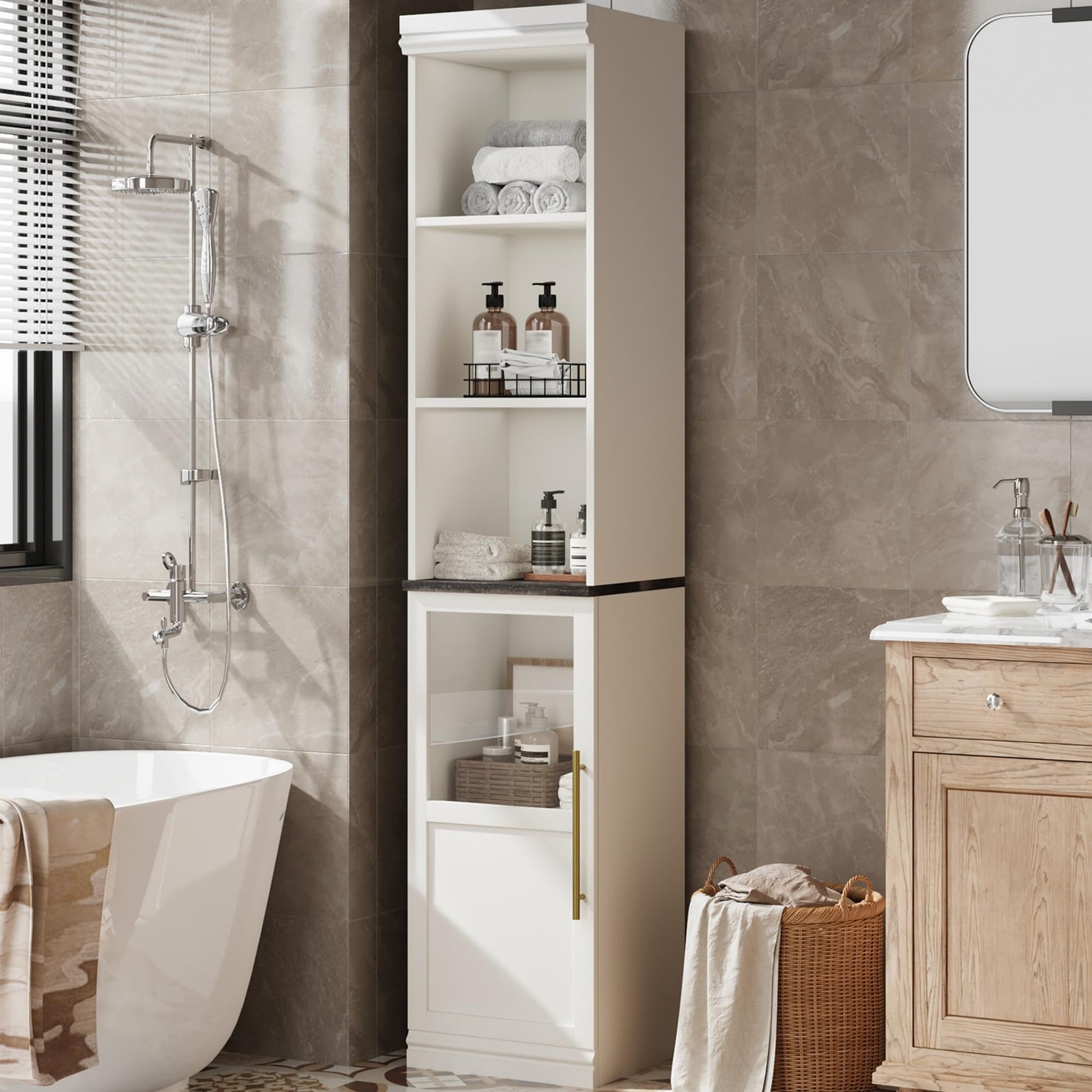 Mobiletto portaoggetti per bagno Garvee da 177.8 cm, stretto, indipendente con anta e ripiani aperti per piccoli spazi, in legno impermeabile