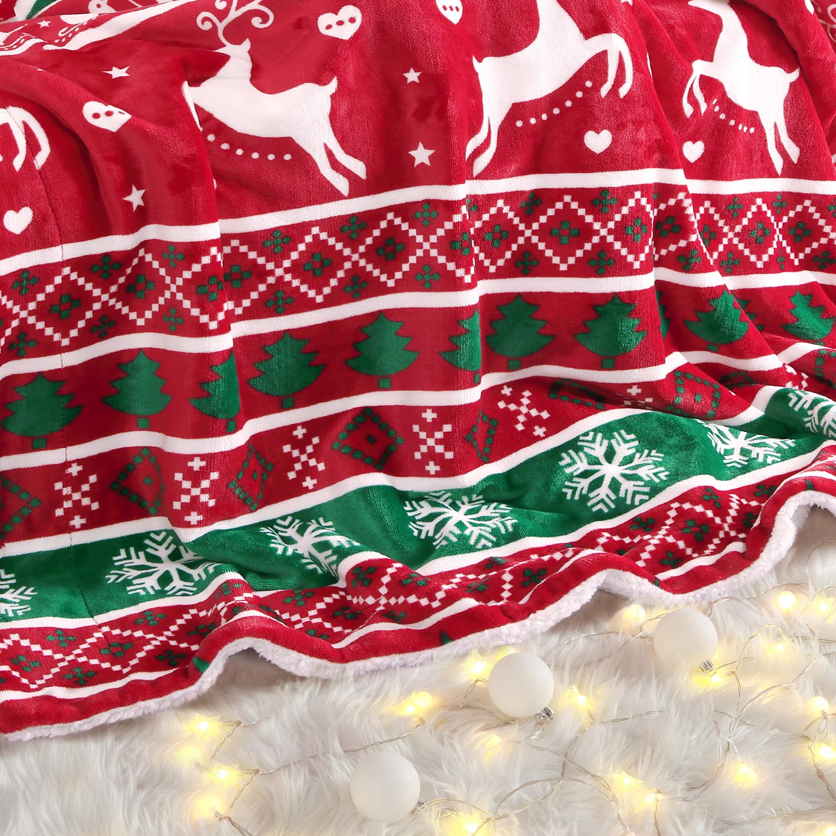 Coperta natalizia Garvee in flanella Sherpa 50x60, rossa, verde, calda e accogliente, reversibile, decorazione per divano.
