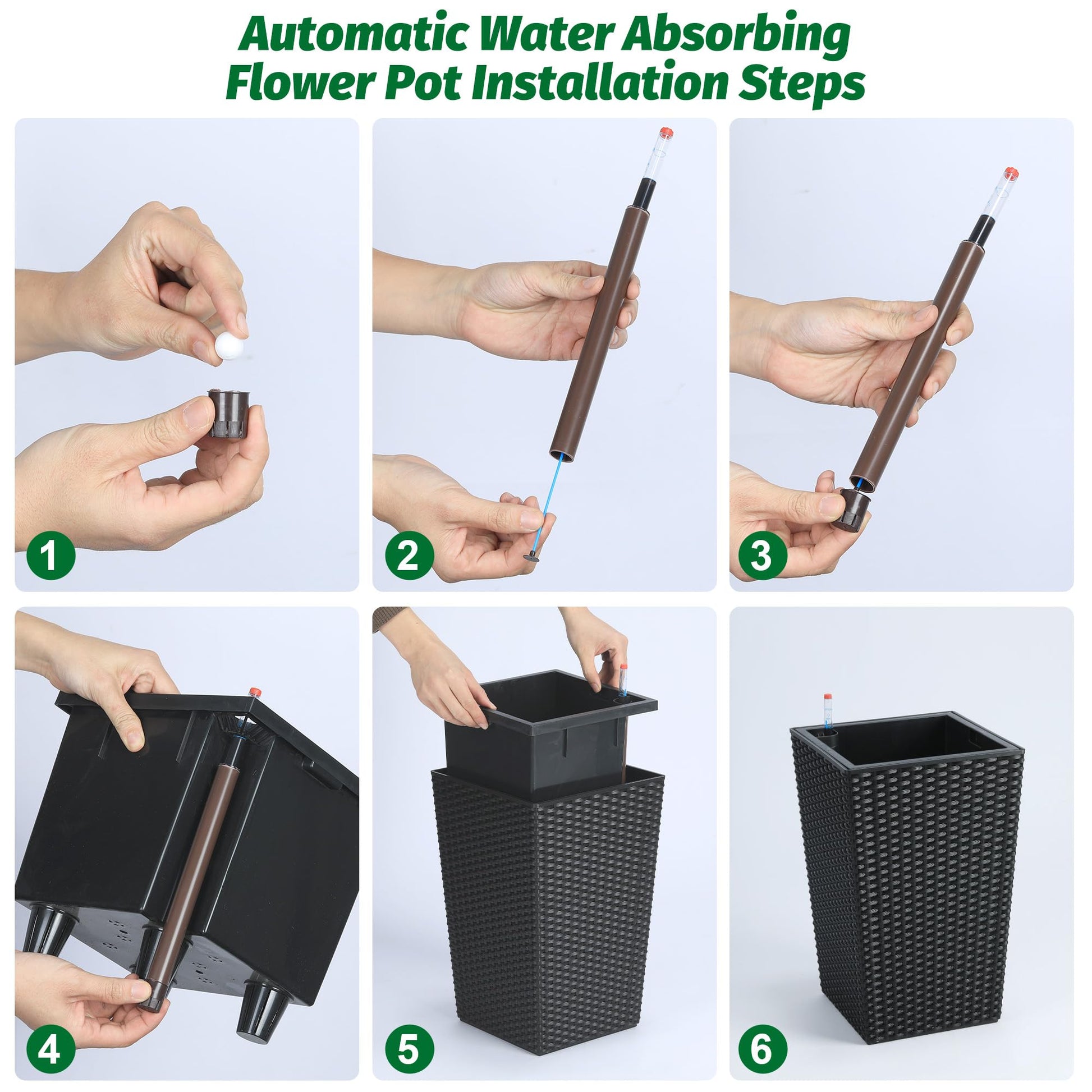 Garvee Set di 2 fioriere in rattan alte 16 pollici con indicatore del livello dell'acqua e ruote per patio e soggiorno, bianche, resistenti alle intemperie