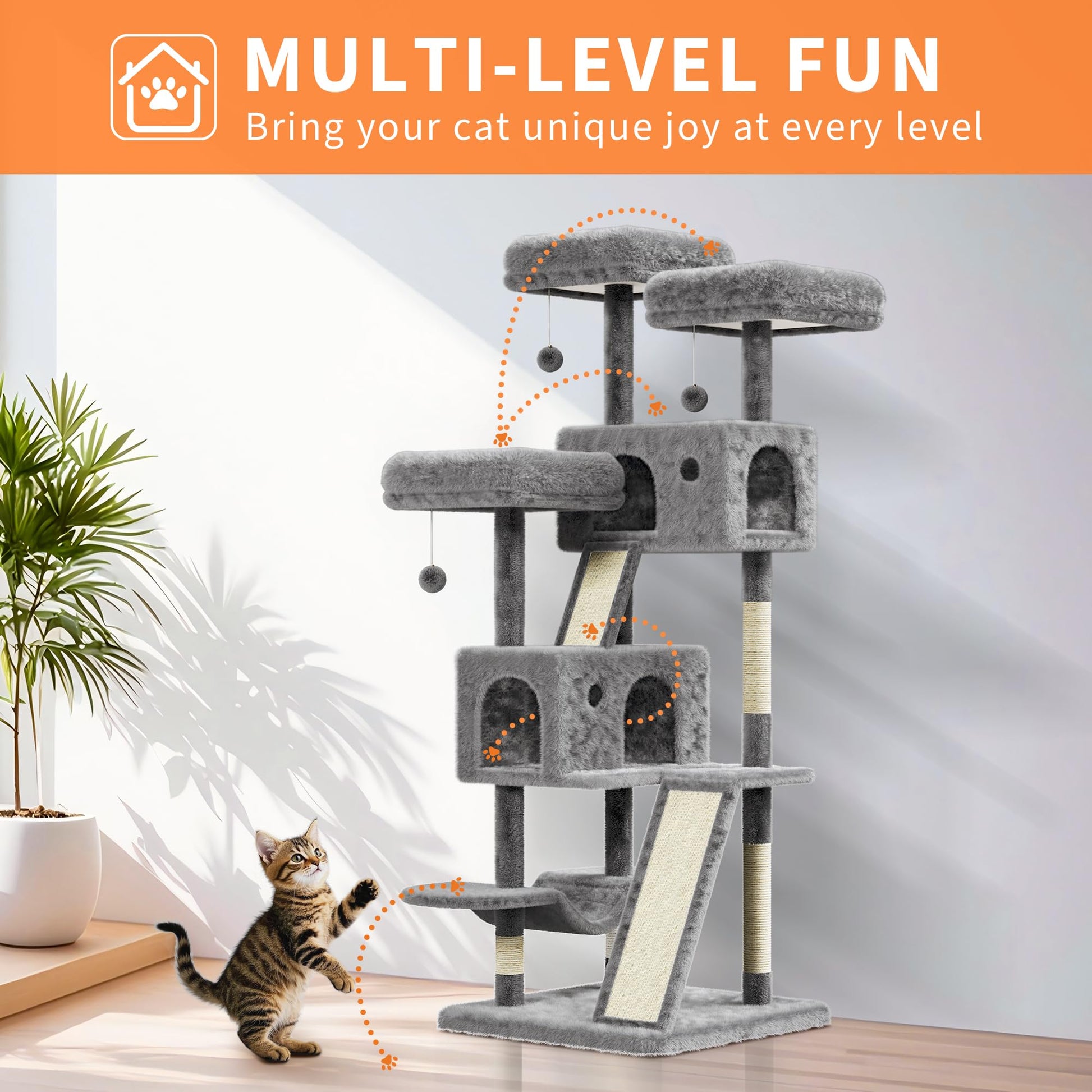 Torre per gatti Garvee Large da 66 pollici con tiragraffi in sisal, multipiano per gioco e riposo al chiuso, confortevole, beige