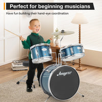 Batteria Garvee da 3 pezzi per principianti con Basso da 14", Tom da 10", blu, legno, sgabello incluso, ideale per bambini