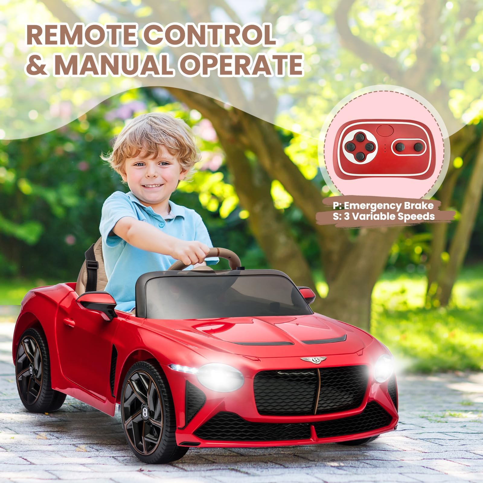 Garvee 12V Auto elettrica per bambini rosso scuro con telecomando Veicolo fuoristrada robusto per avventure all'aperto per bambini dai 3 agli 8 anni con musica e LED